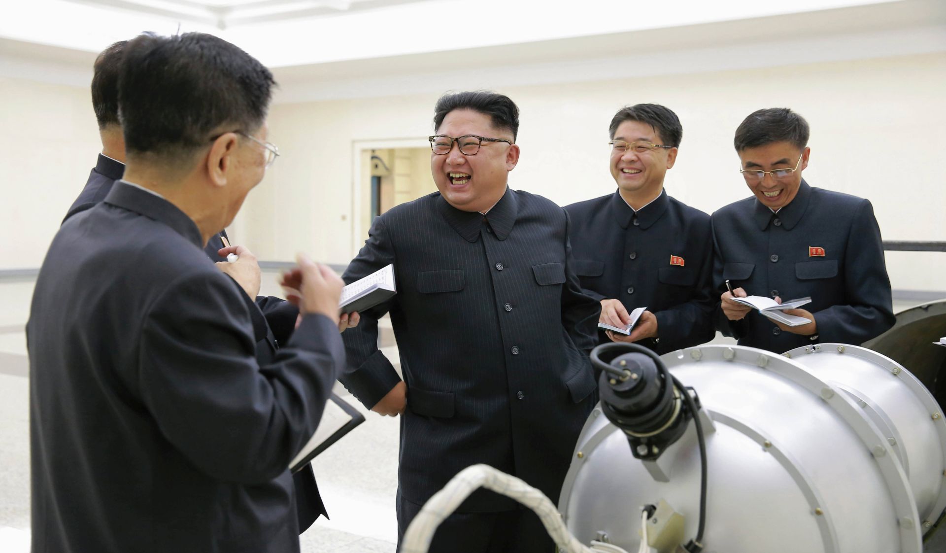 epa06181203 An undated photo released by the North Korean Central News Agency (KCNA), the state news agency of North Korea, on 03 September 2017 shows Kim Jong-un (3-R), chairman of the Workers' Party of Korea, chairman of the State Affairs Commission of the Democratic People's Republic of Korea (DPRK) and supreme commander of the Korean People's Army (KPA), purportedly guiding the work for nuclear weaponization on spot, at an undisclosed location, North Korea. According to KCNA, the North Korean leader watched an H-bomb (hydrogen bomb), a multi-functional thermonuclear nuke with great destructive power, to be loaded into an intercontinental ballistic missile (ICBM).  EPA/KCNA   EDITORIAL USE ONLY  EDITORIAL USE ONLY