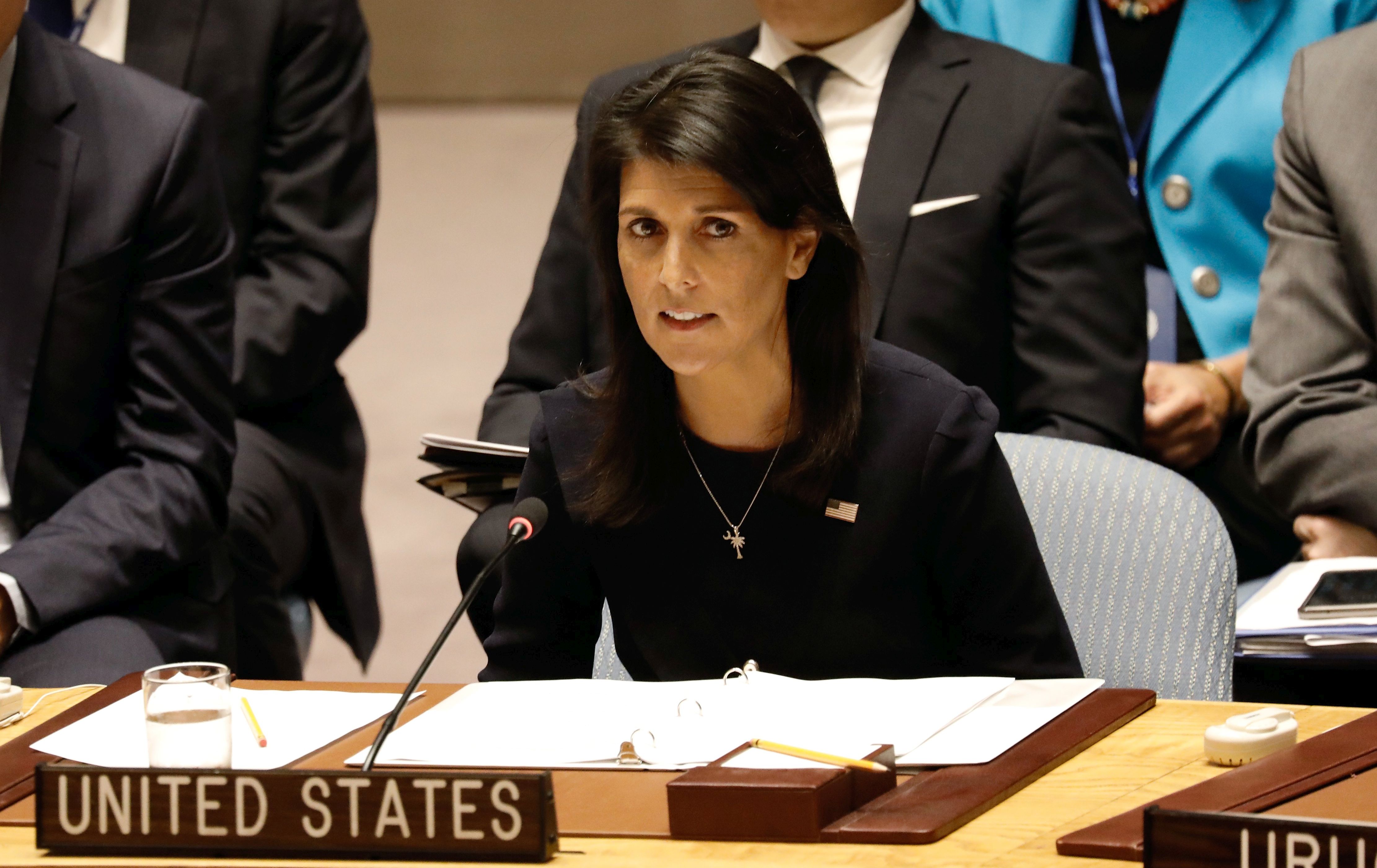 epa06183379 US Ambassador to the United Nations Nikki Haley addresses the Security Council on the situation in North Korea at United Nations headquarters in New York, New York, USA, 04 September 2017.  EPA/PETER FOLEY