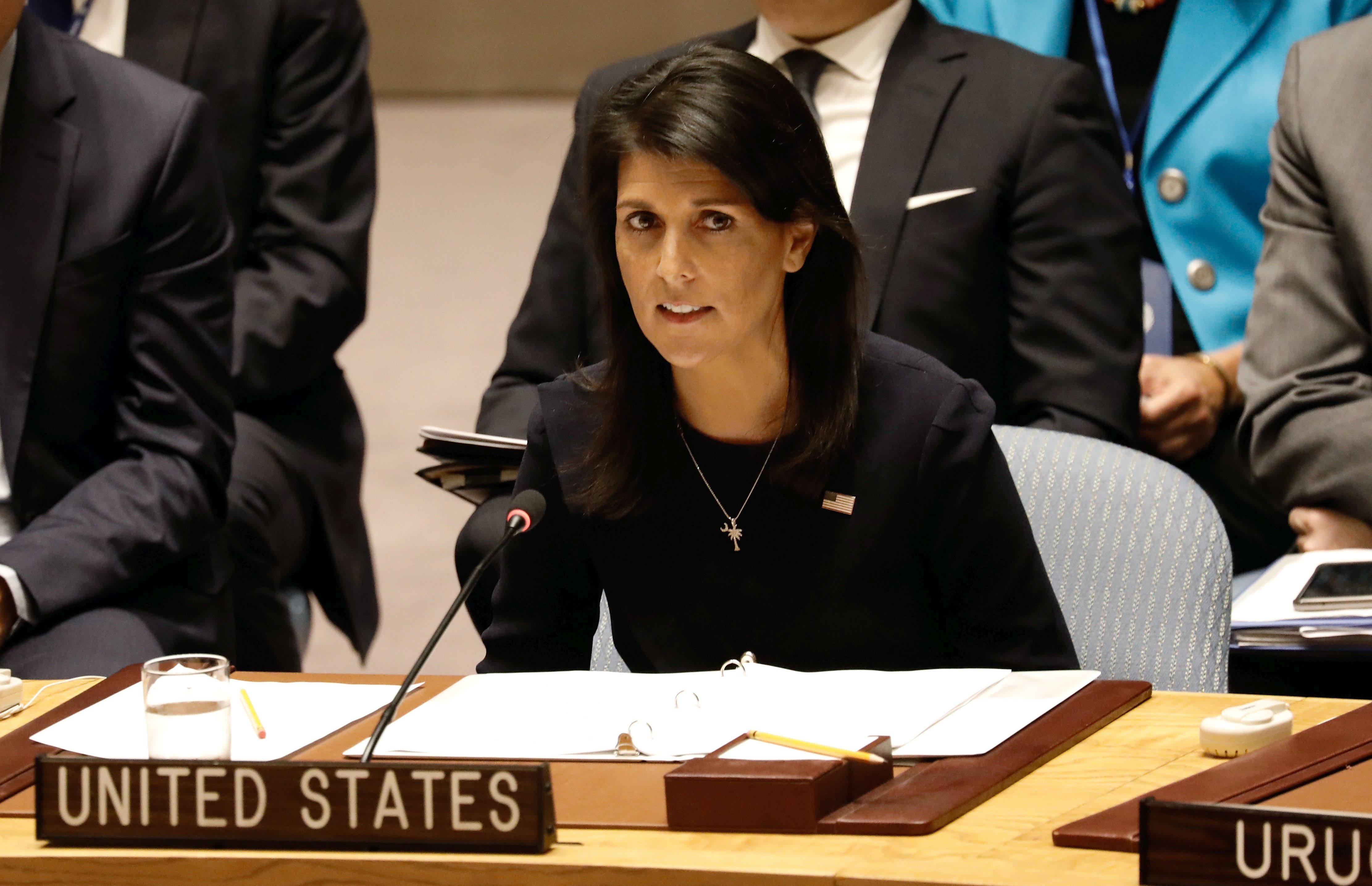 epa06183379 US Ambassador to the United Nations Nikki Haley addresses the Security Council on the situation in North Korea at United Nations headquarters in New York, New York, USA, 04 September 2017.  EPA/PETER FOLEY