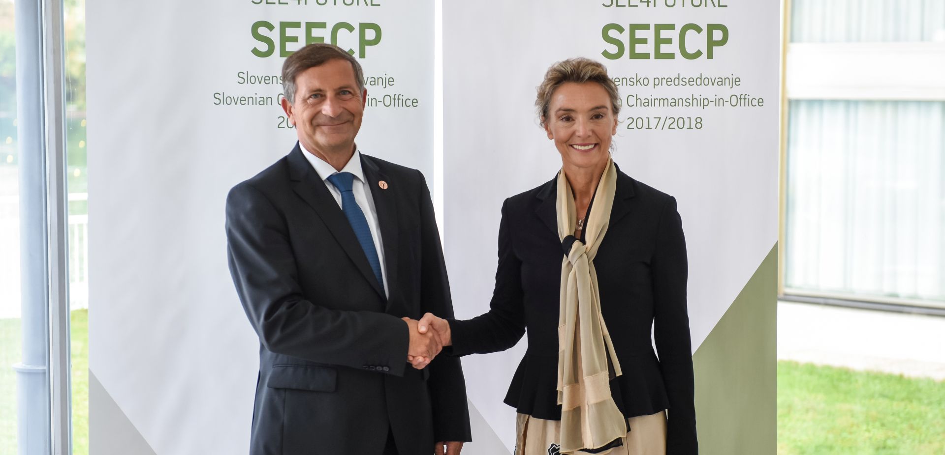 Bled, 5.9.2017 - Slovenski ministar vanjskih poslova Karl Erjavec i potpredsjednica Vlade RH i ministrica vanjskih i europskih poslova Marija Pejèinoviæ Buriæ na neformalnom ministarskom sastanku SEECP-a na Bledskom stratekom forumu.
foto HINA/ STA/ Nebojsa Tejic/ ua