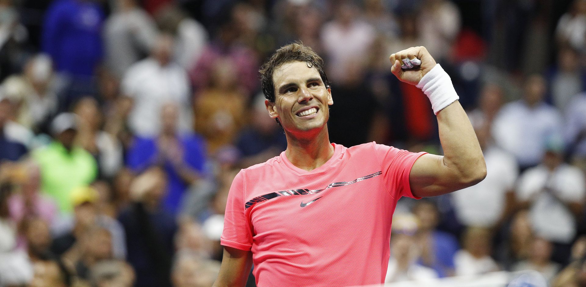 epa06188577 Rafael Nadal of Spain reacts after defeating Andrey Rublev of Russia during their US Open Tennis Championships quarterfinals round match at the USTA National Tennis Center in Flushing Meadows, New York, USA, 06 September 2017. The US Open runs through September 10.  EPA/JUSTIN LANE *** Local Caption *** 53000073