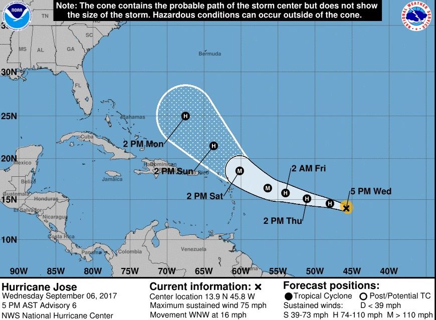epa06188667 A handout image made available by The National Oceanic and Atmospheric Administration (NOAA) showing Coastal Watches/Warnings and Forecast Cone for Storm Center of the predicted path ofHurricane Jose on 06 September 2017. Tropical storm Jose following Hurricane Irma has now been upgraded to Hurricane force.  EPA/NOAA / HANDOUT  HANDOUT EDITORIAL USE ONLY/NO SALES