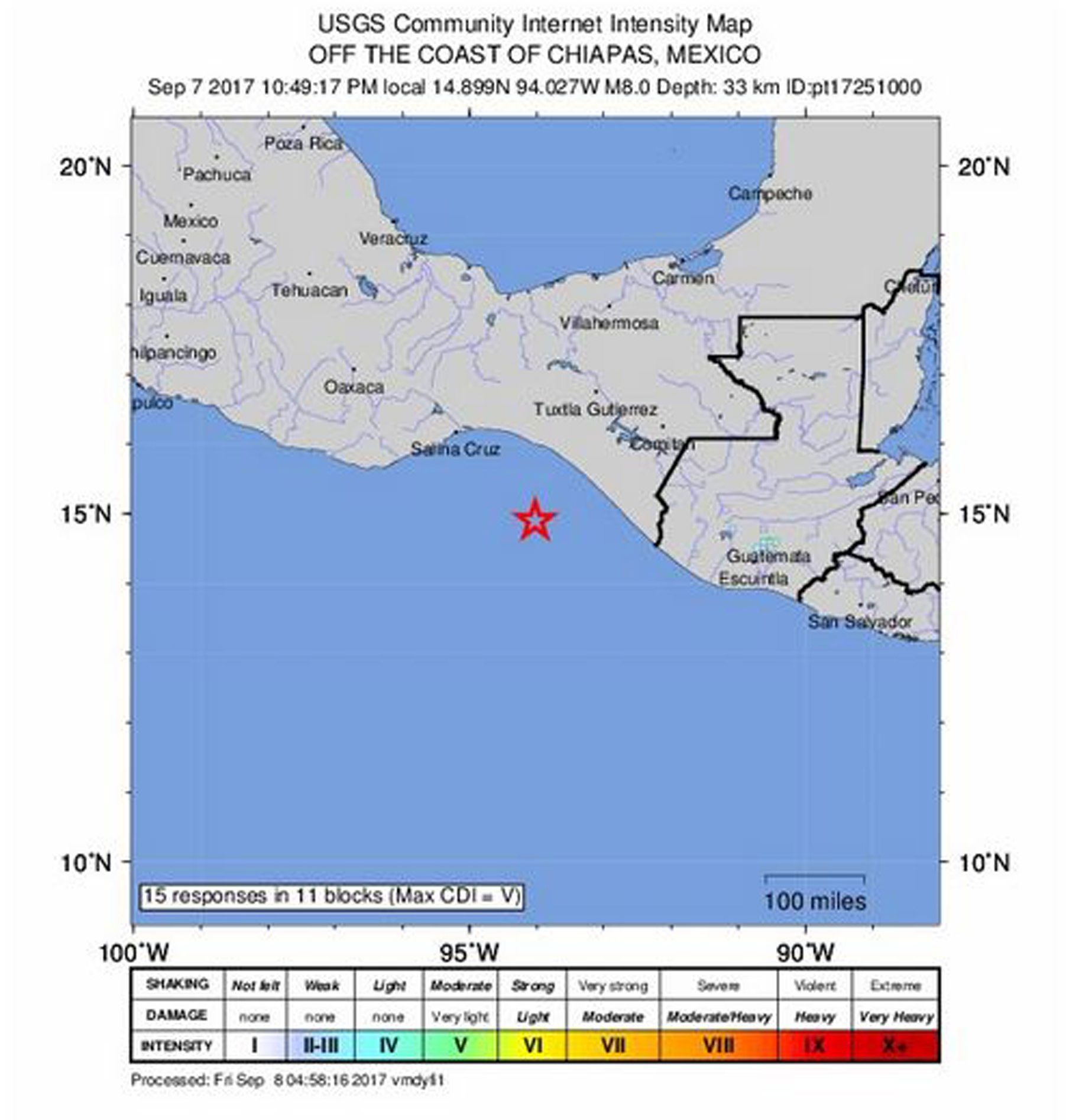 epa06191356 A handout photo made available by the United States Geological Survey shows an intensity map showing the location of a 8.0 magnitude earthquake which struck at a depth of 33 km at 10:49 pm local time off the coast of Tres Picos, Mexico, 07 September 2017. A tsunami warning was issued by the Pacific Tsunami Warning Center, yet there have been reports of damage or fatalities.  EPA/USGS / HANDOUT  HANDOUT EDITORIAL USE ONLY/NO SALES