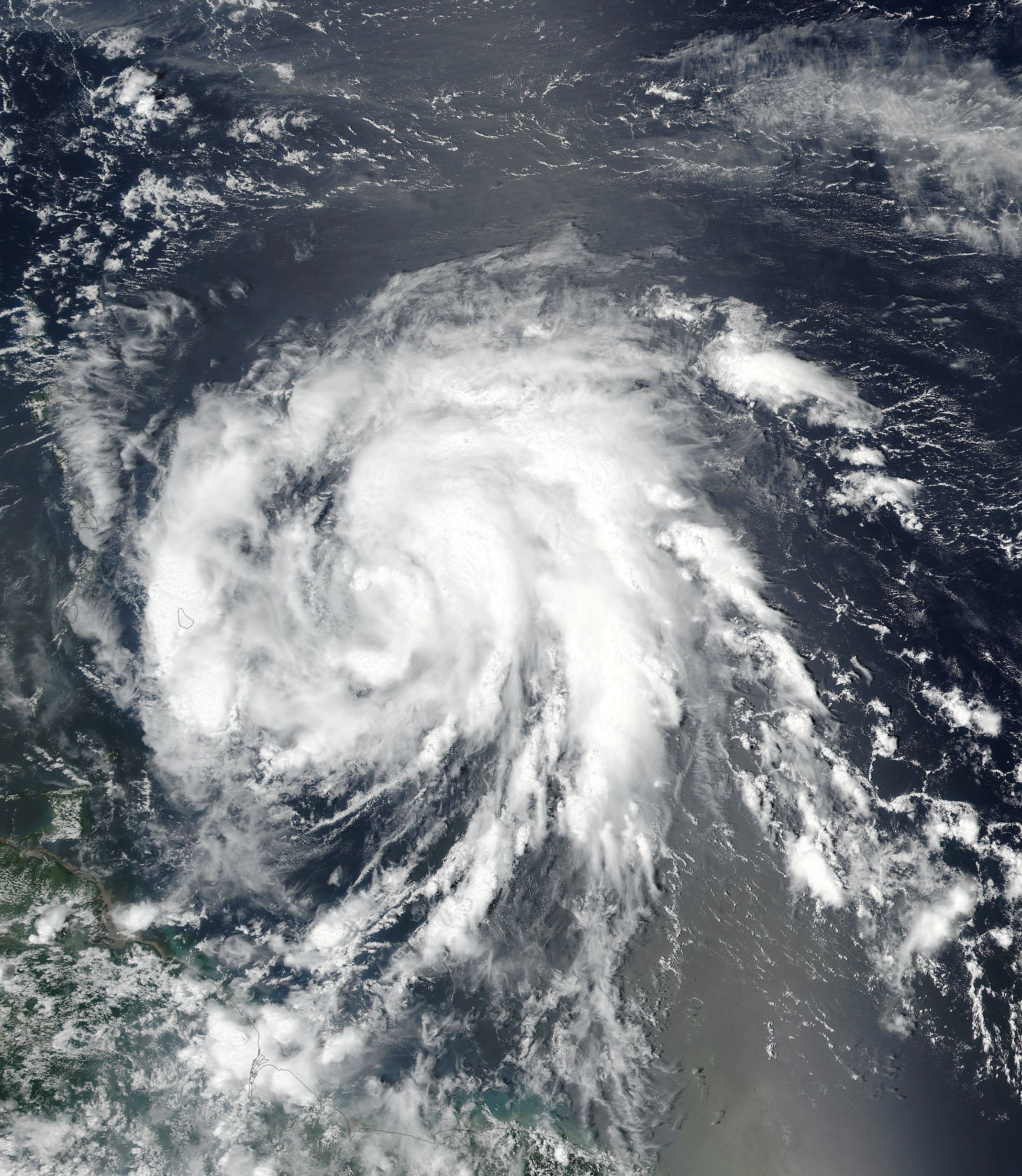 epa06211435 A handout photo made available by the National Aeronautics and Space Administration (NASA) on 18 September 2017 shows an image acquired by the Moderate Resolution Imaging Spectroradiometer (MODIS) on NASA's Suomi-NPP satellite of Hurricane Maria as it approaches the Leeward Islands in the Atlantic Ocean on 17 September 2017. Hurricane Maria is gaining strength and could directly hit Puerto Rico in the coming days. Several islands in the Caribbean, including Puerto Rico, are recovering from catestrophic damage caused by Hurricane Irma.  EPA/NASA / LANCE Rapid Response MODIS / HANDOUT  HANDOUT EDITORIAL USE ONLY/NO SALES
