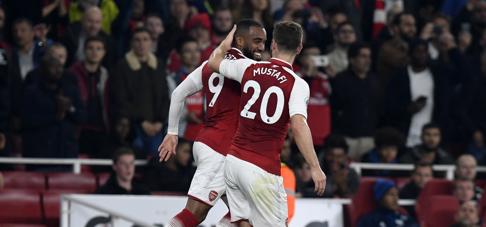 epa06227027 Arsenal's Alexandre Lacazette (L) celebrates with teammate Shkodran Mustafi (R) scoring during the English Premier League soccer match between Arsenal and West Bromwich Albion at the Emirates Stadium, London, Britain, 25 September 2017.  EPA/WILL OLIVER EDITORIAL USE ONLY. No use with unauthorized audio, video, data, fixture lists, club/league logos or 'live' services. Online in-match use limited to 75 images, no video emulation. No use in betting, games or single club/league/player publications.