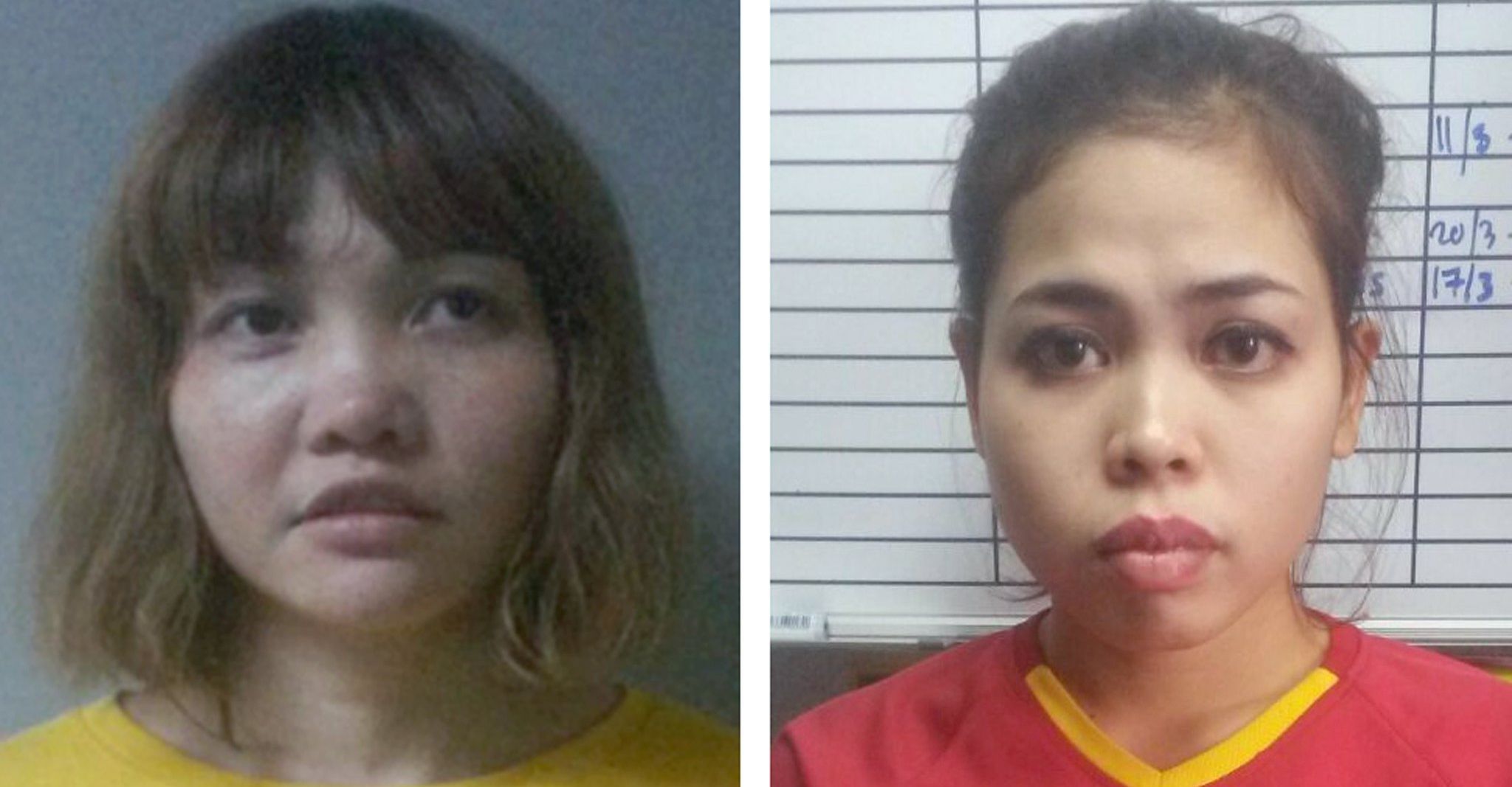epa06239459 (FILE) - An undated combo handout file photograph released by the Royal Malaysia Police (RMP) shows Vietnamese Doan Thi Huong (L) and Indonesian Siti Aisyah (R) after being arrested in connection with the death of Kim Jong-nam, in Kuala Lumpur, Malaysia (reissued 02 October 2017). According to media reports, the two women pleaded not guilty in the murder of Kim Jong-nam during their trial on 02 October 2017, at a court in Shah Alam, outside of Kuala Lumpur. Kim Jong-nam, a half-brother of North Korean leader Kim Jong-un, was killed at a Kuala Lumpur airport on 13 February 2017, after two women reportedly sprayed him with a highly toxic chemical weapon known as the VX nerve agent. The suspects have been charged with murder under Section 302 of the penal code, which carries mandatory death sentence if found guilty.  EPA/ROYAL MALAYSIA POLICE HANDOUT -- BEST QUALITY AVAILABLE -- HANDOUT EDITORIAL USE ONLY/NO SALES