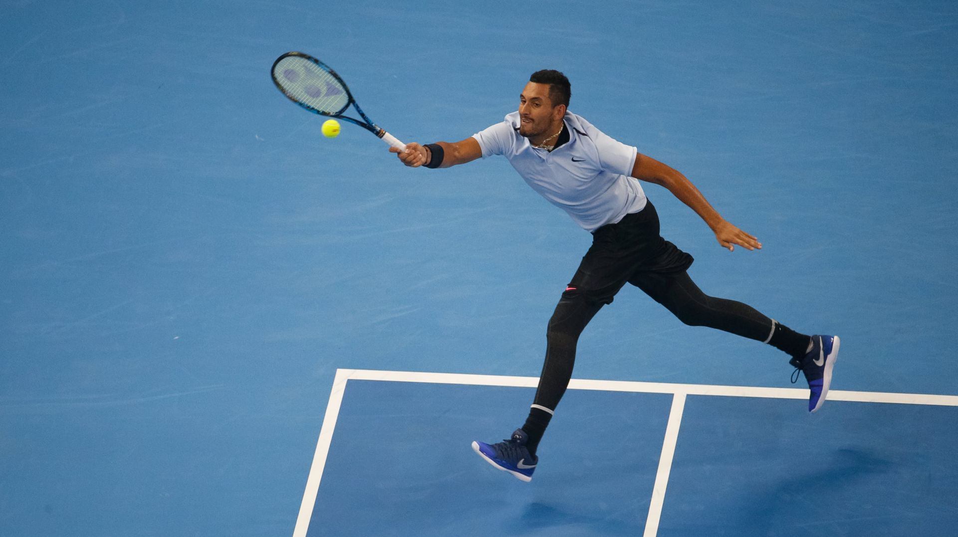 epa06250540 Nick Kyrgios of Australia in action against Alexander Zverev of Germany during their man's singles semifinals match against Nick Kyrgios of Australia at the China Open tennis tournament at the National Tennis Center in Beijing, China, 07 October 2017.  EPA/ROMAN PILIPEY