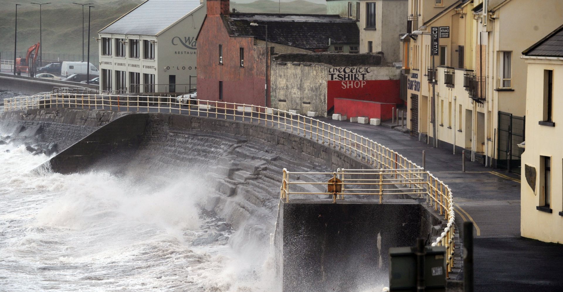 epa06269459 Storm Ophelia batters the Atlantic coast of Ireland in Lahinch village, County Clare Ireland Ireland, 16 October 2017. The Irish Meteorological Service Met Eireann has issued a red alert weather warning nationwide as tropical depression Ophelia is due to hit Ireland on 16 October. Counties Galway, Mayo, Sligo and Donegal are set to be worst hit by Ophelia. Public services as transport, schools, creches, colleges, retailers, court services, pharmacies, outpatient clinics have all shut down and more than 140 flights have been cancelled. According to reports Around 120,000 homes and businesses have been left without power.  EPA/AIDAN CRAWLEY
