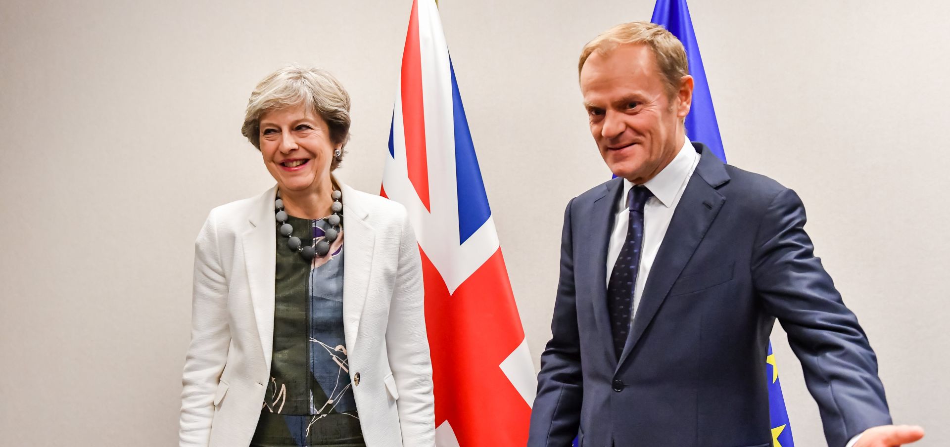 epa06277833 British Prime Minister Theresa May (L) with European council president Donald Tusk (R) as they attend a bilateral meeting, on the second day of the European Council in Brussels, Belgium, 20 October 2017. European leader meet in Brussels on 19 and 20 October 2017 to discuss most pressing issues, including migration, defence, foreign affairs and digitalisation and to review the latest developments in the negotiations following the United Kingdom's notification of its intention to leave the  EPA/Geert Vanden Wijngaert / POOL