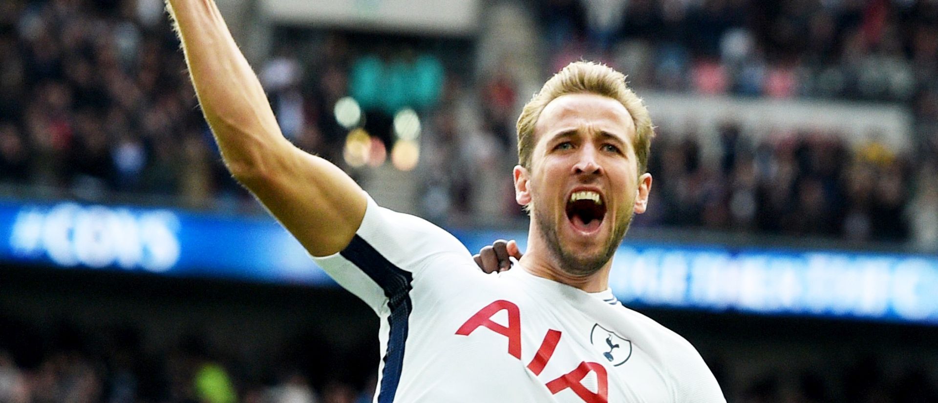 epa06282508 Tottenham's Harry Kane celebrates after scoring the 1-0 lead during the English Premier League soccer match between Tottenham Hotspur and Liverpool FC at Wembley in London, Britain, 22 October 2017.  EPA/FACUNDO ARRIZABALAGA EDITORIAL USE ONLY. No use with unauthorized audio, video, data, fixture lists, club/league logos or 'live' services. 
Online in-match use limited to 75 images, no video emulation. No use in betting, games or single club/league/player publications