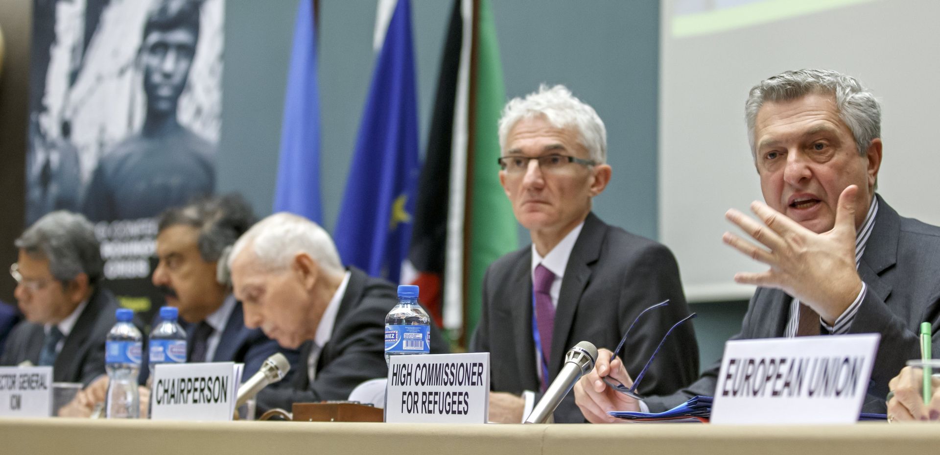 epa06283723 UN High Commissioner for Refugees, (UNHCR), Italian Filippo Grandi (R), speaks  next to US William Lacy Swing (3-R), Director General of the International Organization for Migration (IOM), and Mark Lowcock (2-R),  UN Emergency Relief Coordinator, during the Pledging Conference for the Rohingya Refugee Crisis, at the European headquarters of the United Nations in Geneva, Switzerland, 23 October 2017.  EPA/SALVATORE DI NOLFI
