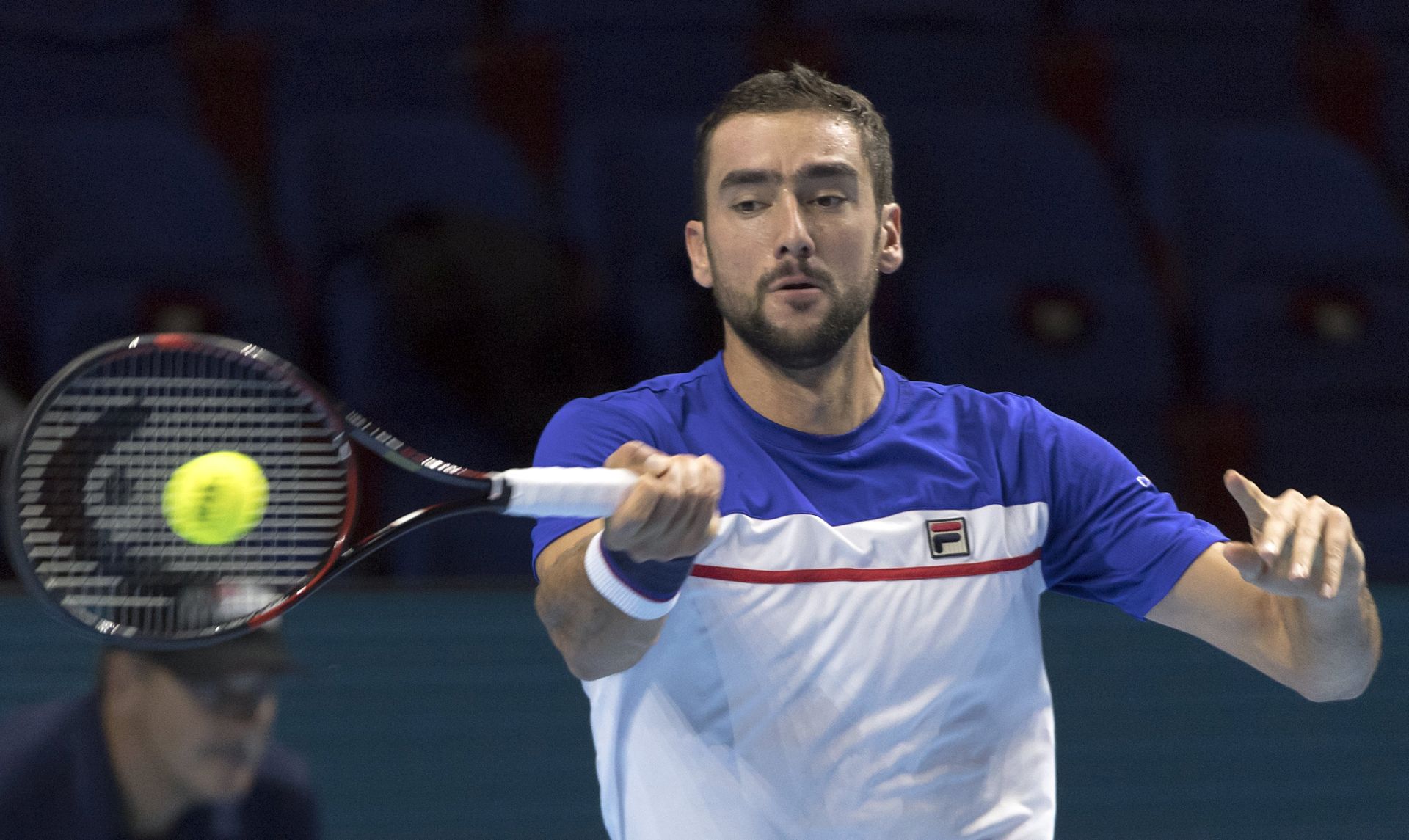 epa06291101 Croatia's Marin Cilic in action during his second round match against Croatia's Borna Coric at the Swiss Indoors tennis tournament in Basel, Switzerland, 26 October 2017.  EPA/GEORGIOS KEFALAS