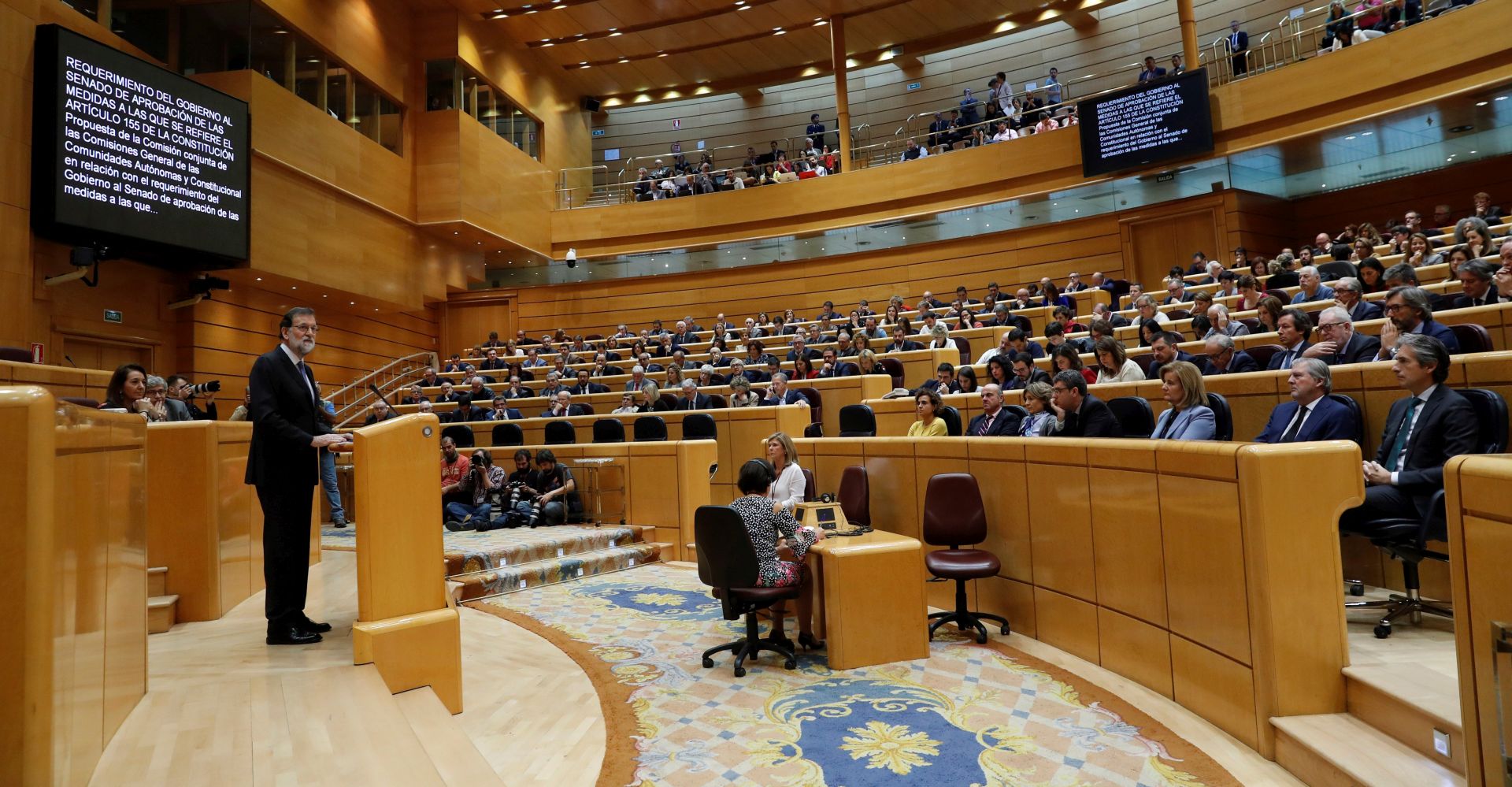 epa06292092 Spanish Prime Minister, Mariano Rajoy, delivers his speech during the Senate's extraordinary plenary session on the application of Article 155 of the Spanish Constitution, in Madrid, Spain, 27 October 2017. Rajoy has defended the Government's measures for the establishment of the Article 155 in Catalonia a day after the Catalan President, Carles Puigdemont, confirmed he will not call regional elections. Paralelly, the Catalan Parliament is to continue its plenary session to debate whether to declare an uniteral declaration of independence and the proclamation of a republic in Catalonia.  EPA/CHEMA MOYA