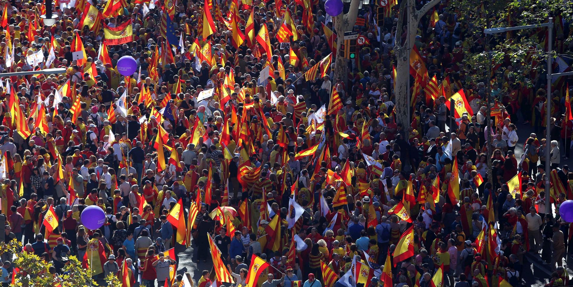 epa06296418 Thousands of pro-union people wave Spanish flags as they march along the Paseo de Gracia avenue in Barcelona during a protest called by the Societat Civil Catalana (lit: Catalan Civil Society) under the slogan 'We all are Catalonia" against the unilateral declaration of independence (UDI) proclaimed on 27 October by the Catalan Parliament, in Barcelona, northeastern Spain, on 29 October 2017.  EPA/Toni Albir