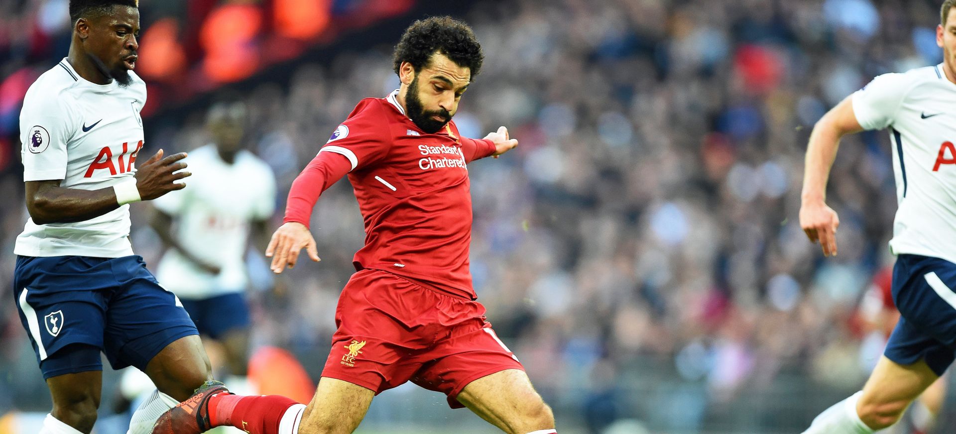 epa06282558 Liverpool's Mohamed Salah (C) scores his team's first goal during the English Premier League soccer match between Tottenham Hotspur and Liverpool FC at Wembley in London, Britain, 22 October 2017.  EPA/GERRY PENNY EDITORIAL USE ONLY. No use with unauthorized audio, video, data, fixture lists, club/league logos or 'live' services. 
Online in-match use limited to 75 images, no video emulation. No use in betting, games or single club/league/player publications