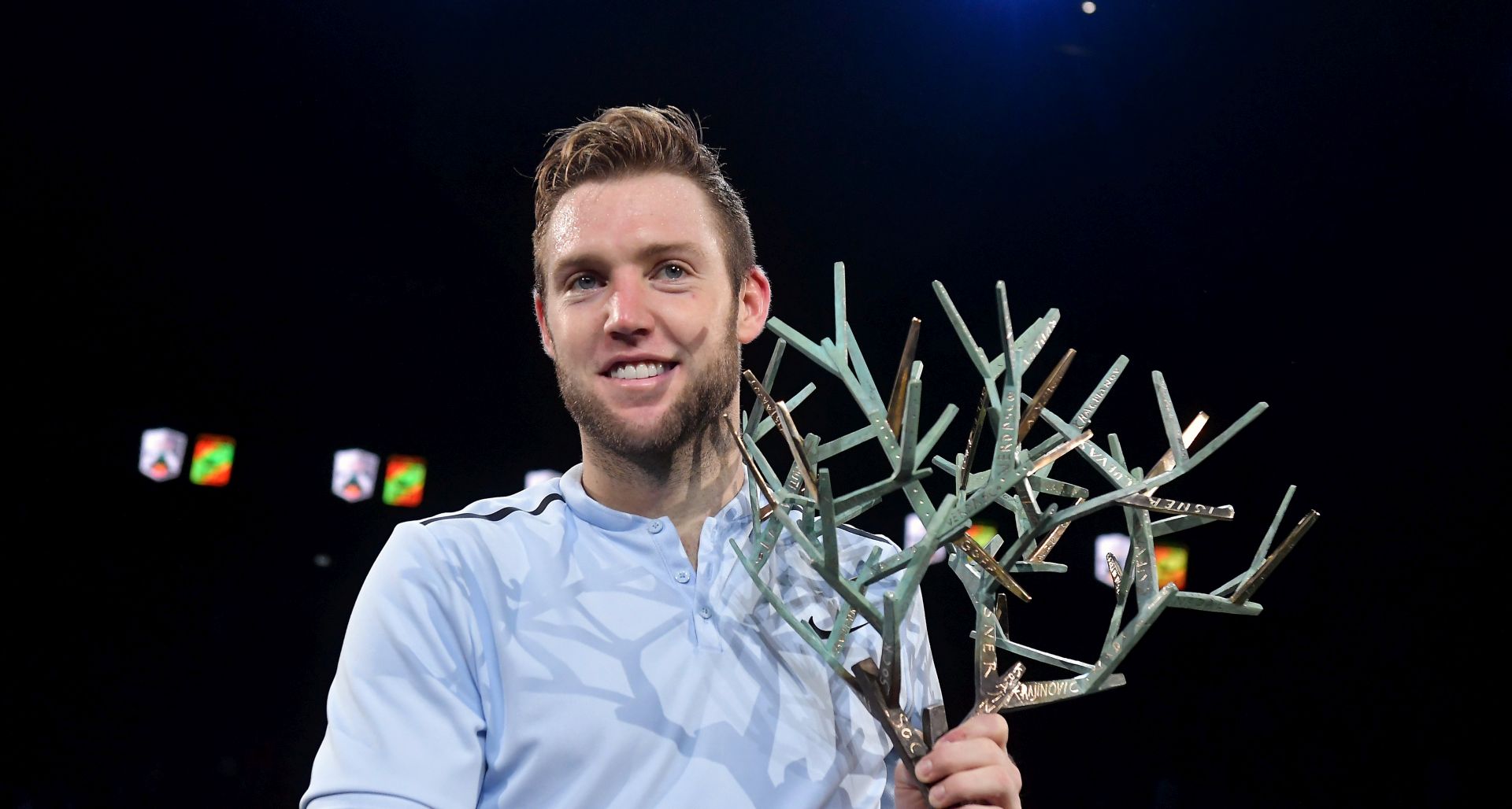 epa06310266 Jack Sock of USA celebrates with his trophy after winning the singles final match against Filip Krajinovic of Serbia at the Rolex Paris Masters tennis tournament in Paris, France, 05 November 2017.  EPA/CHRISTOPHE PETIT TESSON