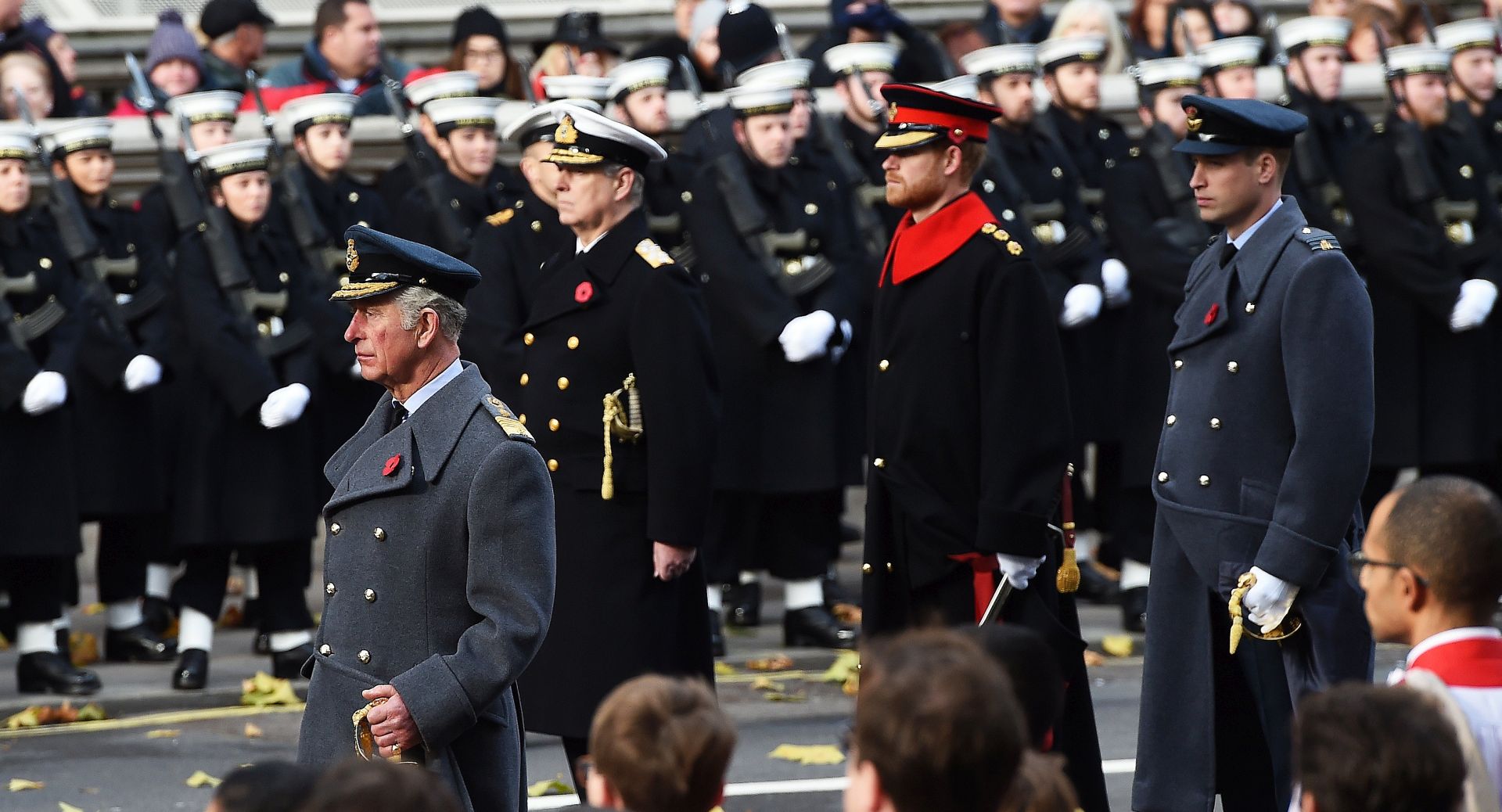epa06324255 Britain's Charles (L), Prince of Wales with Prince Andrew (2-L), Duke of York, Prince Harry (2-R) and Prince William (R), Duke of Cambridge at the Cenotaph during Remembrance Sunday in London, Britain, 12 November 2017.  Each year on the Sunday following Armistice Day Britain remembers and honours those who have sacrificed themselves in two world wars and other conflicts.  EPA/ANDY RAIN