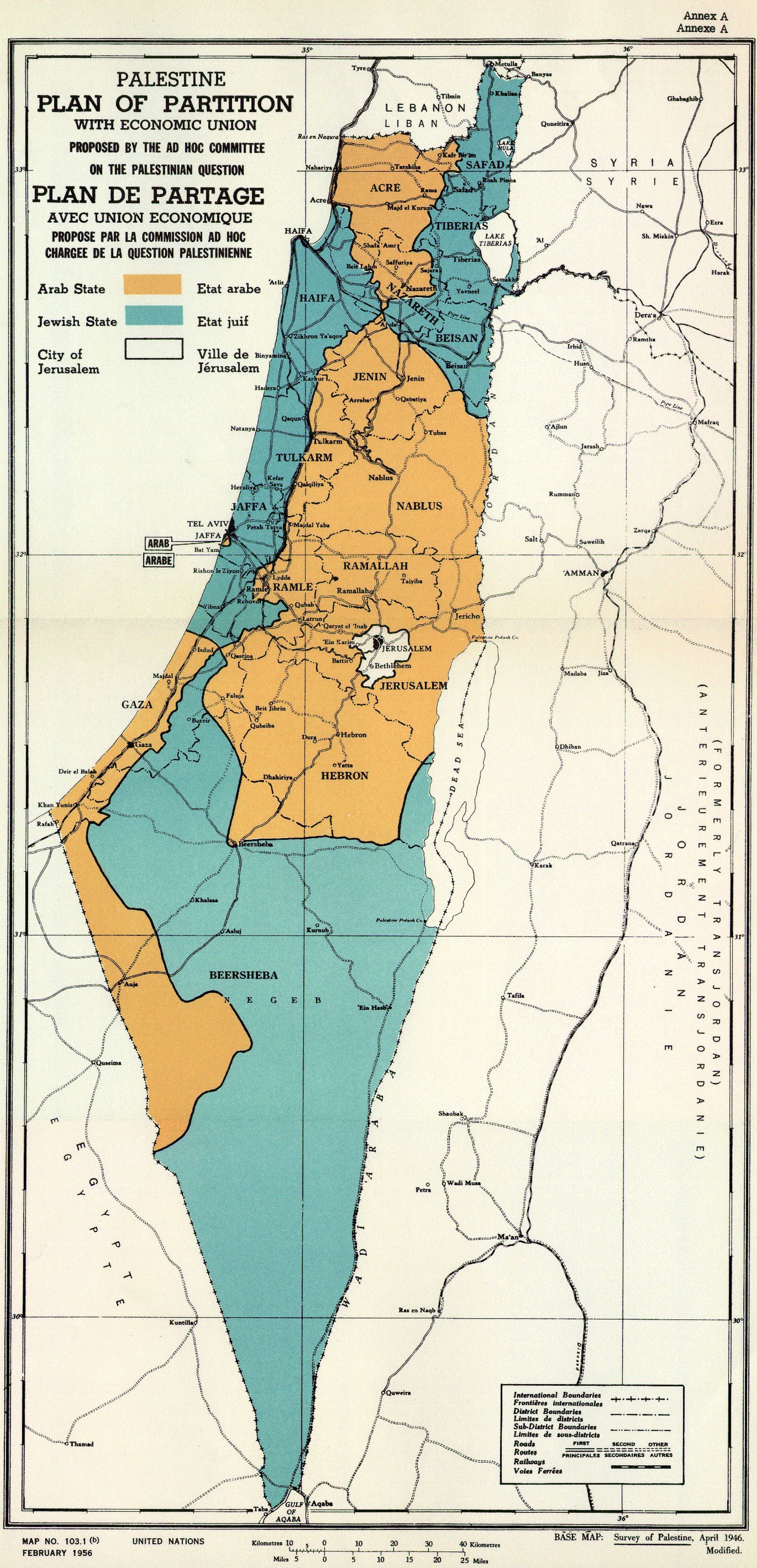 Karta UN-ovog plana podjele Palestine, usvojenog 29. studenoga 1947. Izvor: Wikipedia/ Javna domena