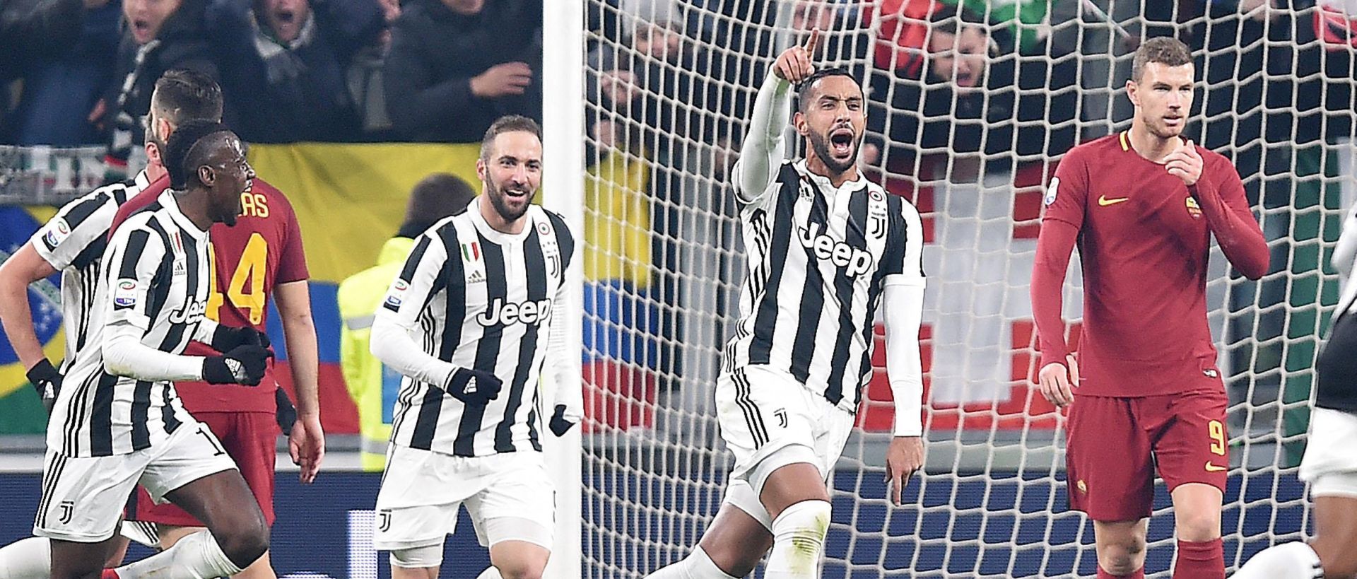 epa06404345 Juventus' Medhi Benatia (R) jubilates after scoring the goal during the Italian Serie A soccer match Juventus FC vs AS Roma at Allianz Stadium in Turin, Italy, 23 December 2017.  EPA/ALESSANDRO DI MARCO