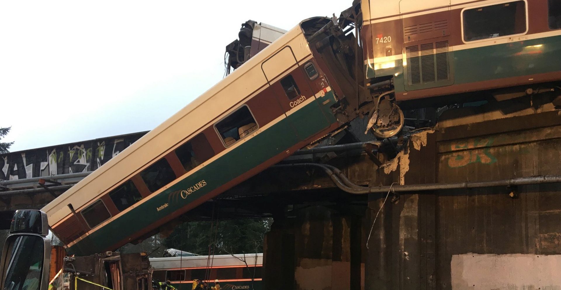 epa06397562 A handout photo made available by the Pierce County Sheriffs Department showing Amtrak train 501 which derailed onto Interstate 5 near Olympia, Washington, USA, 18 December 2018.  EPA/PIERCE COUNTY SHERIFF / HANDOUT  HANDOUT EDITORIAL USE ONLY/NO SALES