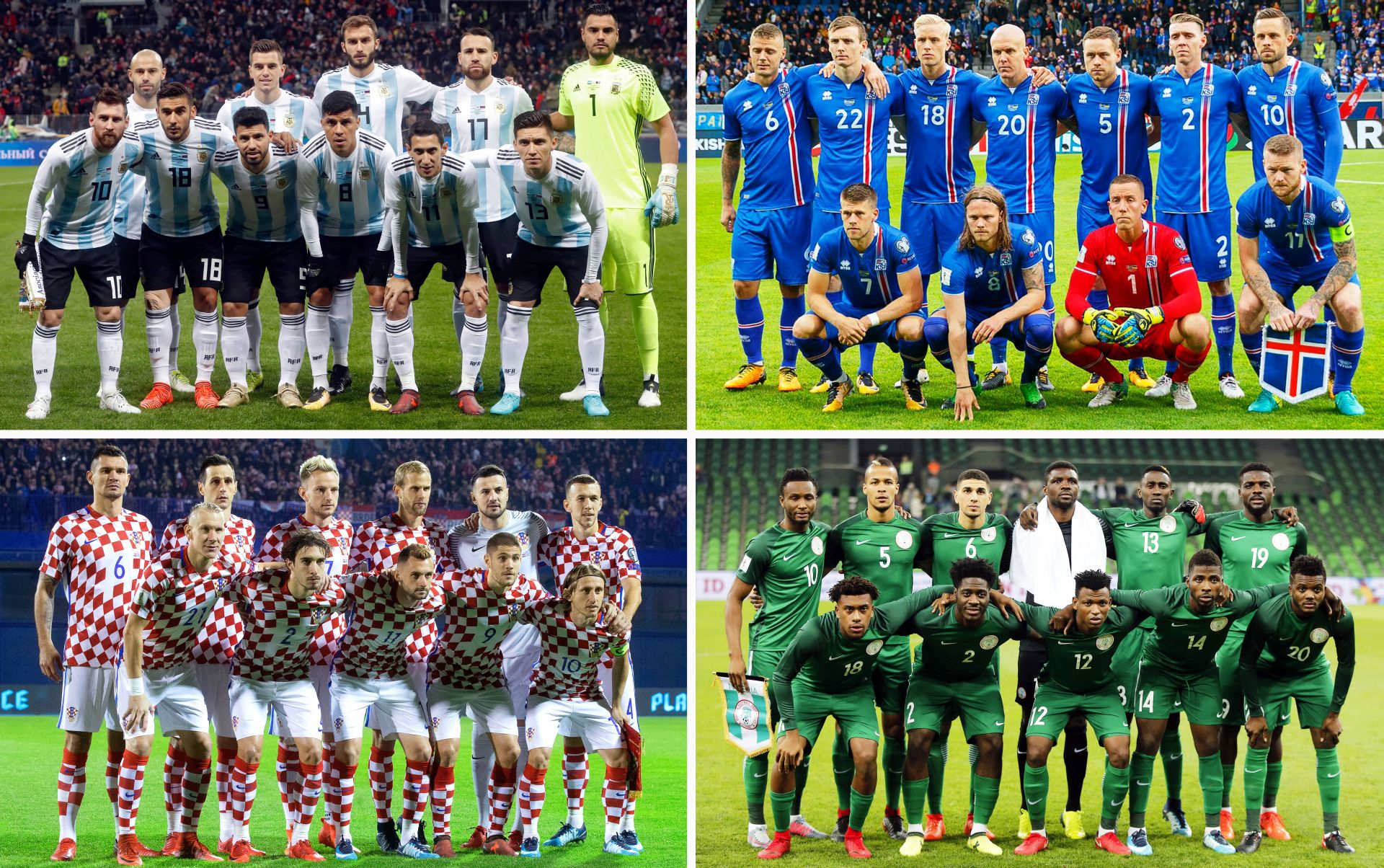 epa06361882 A composite picture of the teams of the FIFA WORLD CUP 2018 Group D after the final draw of the preliminary round groups held in Moscow, Russia, 01 December 2017: Argentina (up L), Iceland (up R), Croatia (bottom L), and Nigeria (bottom R).  EPA/DESK