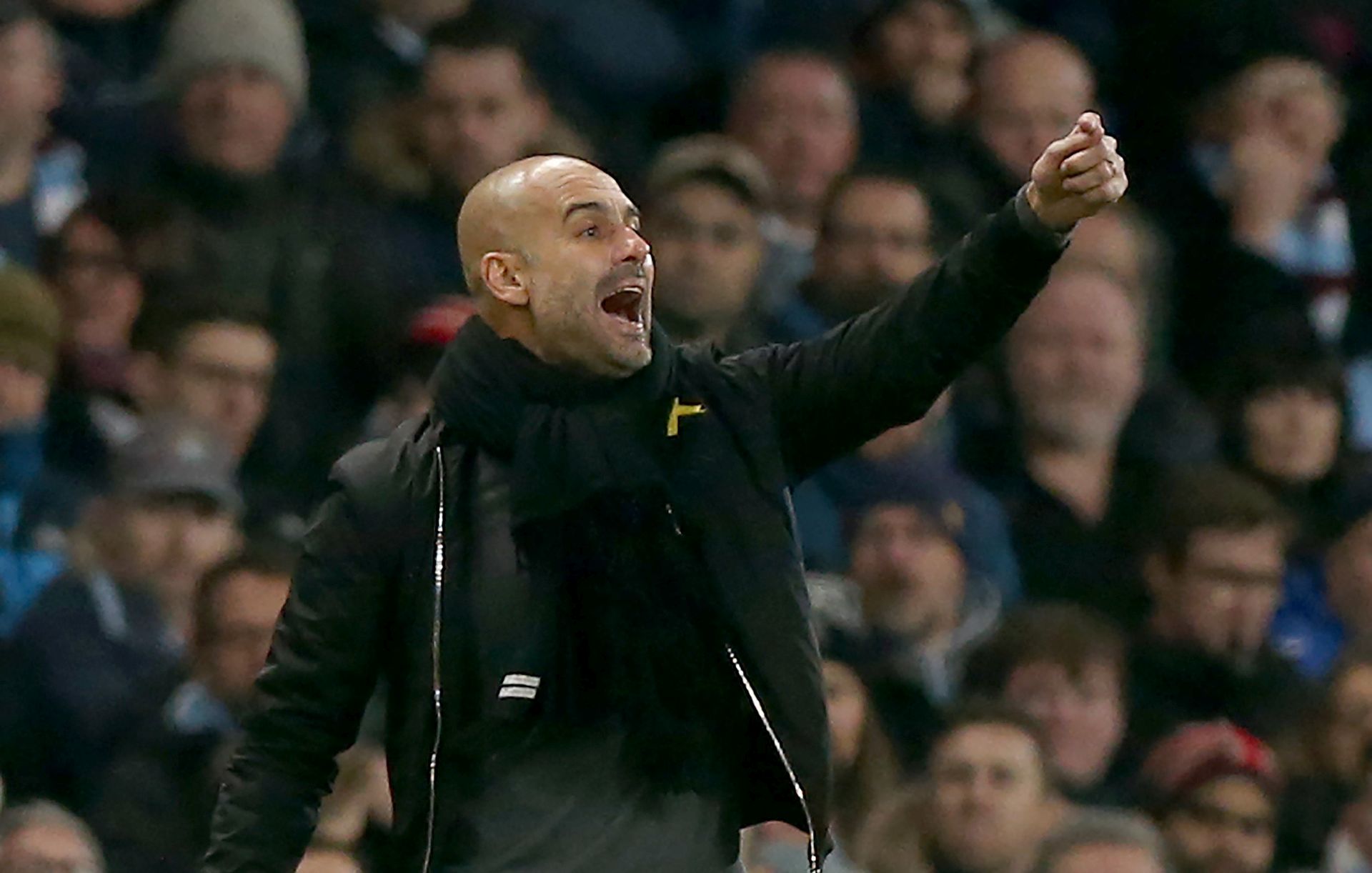 epa06394291 Manchester City's Pep Guardiola during the English premier league soccer match between Manchester City and Tottenham Hotspur at the Etihad Stadium in Manchester, Britain, 16 December 2017.  EPA/Nigel Roddis EDITORIAL USE ONLY. No use with unauthorised audio, video, data, fixture lists, club/league logos 'live' services. Online in-match use limited to 75 images, no video emulation. No use in betting, games or single club/league/player publications.