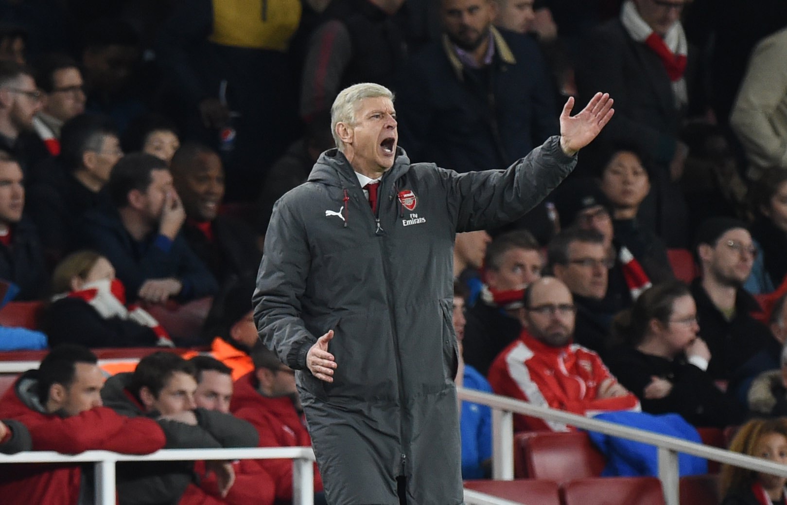 epa06403521 Arsenal's manager Arsene Wenger reacts during the English Premier League soccer match between Arsenal and  Manchester United at the Emirates Stadium, London, Britain, 22 December 2017.  EPA/FACUNDO ARRIZABALAGA EDITORIAL USE ONLY. No use with unauthorized audio, video, data, fixture lists, club/league logos or 'live' services. Online in-match use limited to 75 images, no video emulation. No use in betting, games or single club/league/player publications