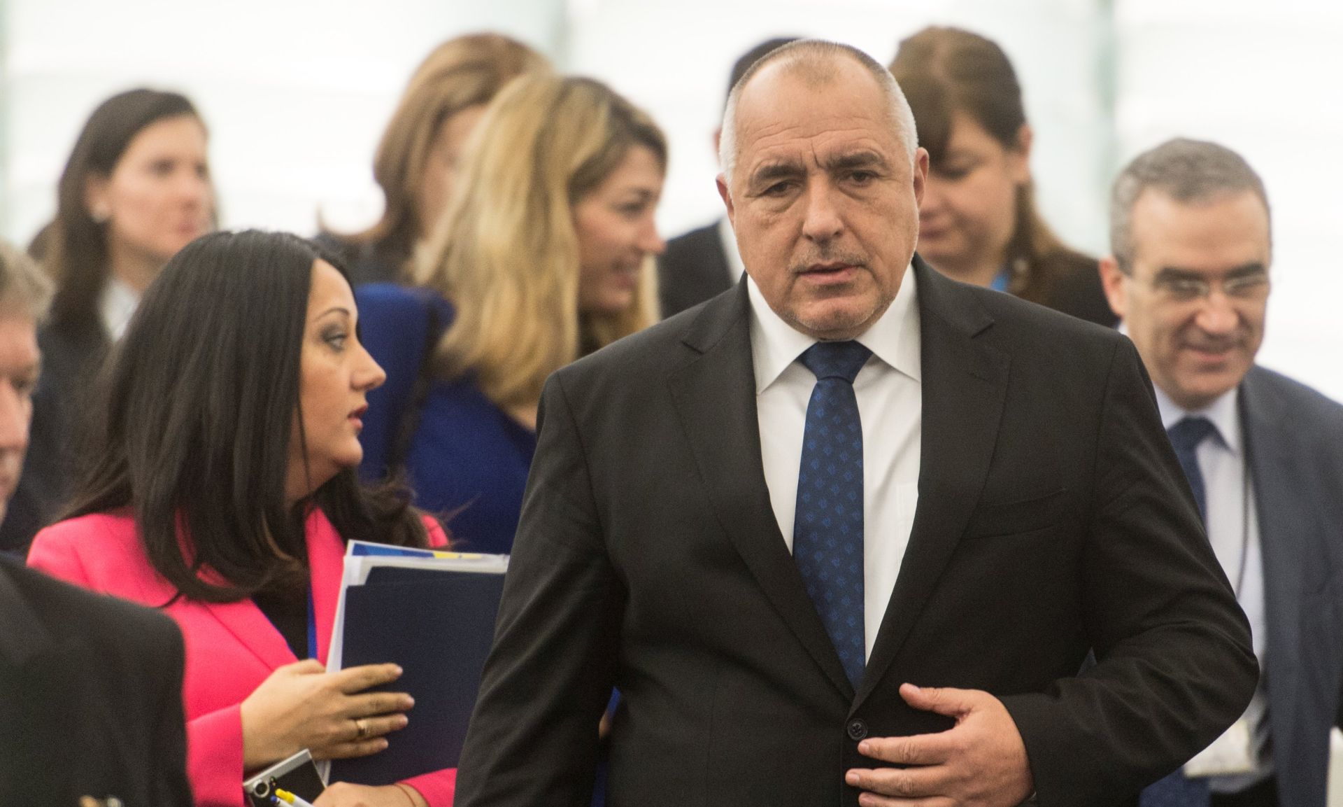 epa06445760 Bulgaria's Prime Minister Boyko Borissov (C) prepares to deliver his speech at the European Parliament in Strasbourg, France, 17 January 2018, during a debate on the preview of the Bulgarian Presidency. Bulgaria took over the rotating Presidency of the Council of Europe on 15 January 2018.  EPA/PATRICK SEEGER