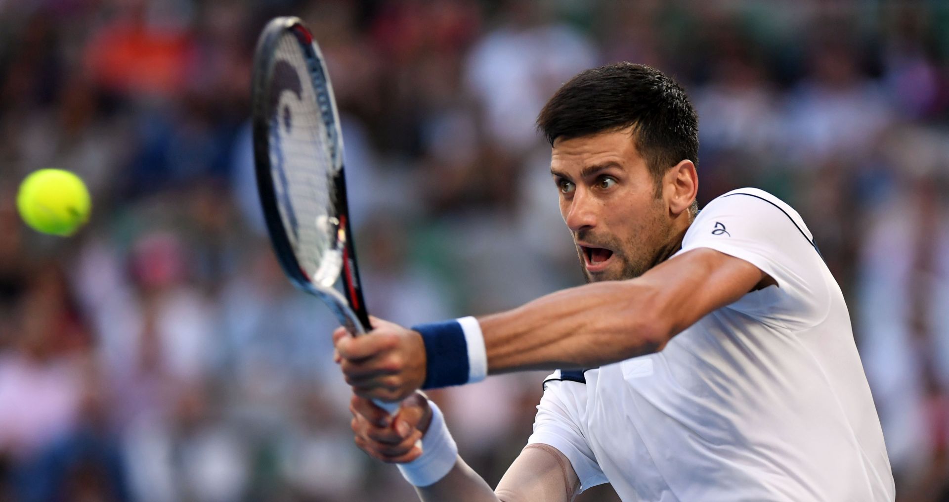 epa06463917 Novak Djokovic of Serbia in action against Hyeon Chung of of South Korea during round four on day eight of the Australian Open tennis tournament, in Melbourne, Victoria, Australia, 22 January 2018.  EPA/LUKAS COCH AUSTRALIA AND NEW ZEALAND OUT
