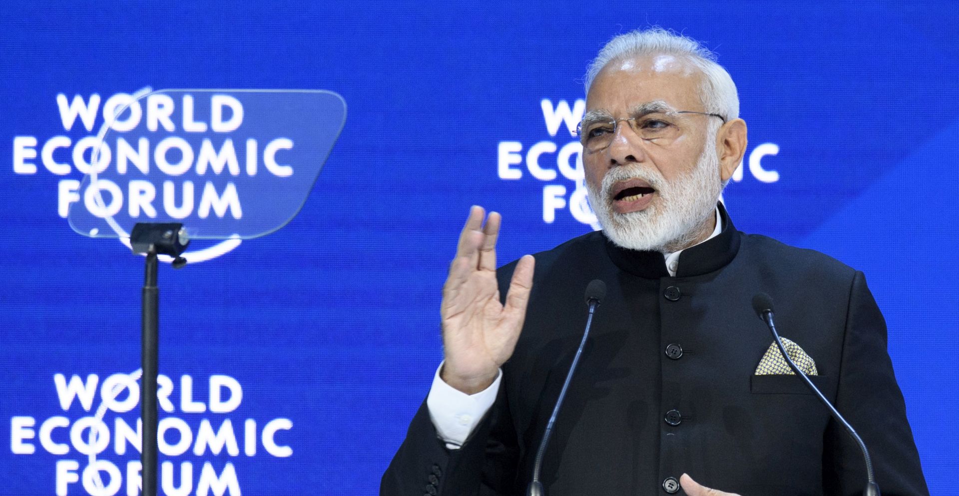 epa06467214 Indian Prime Minister Narendra Modi speaks during a plenary session in the Congress Hall the opening day of the 48th Annual Meeting of the World Economic Forum, WEF, during a plenary session in the Congress Hall during the opening day of the 48th Annual Meeting of the World Economic Forum, WEF, in Davos, Switzerland, 23 January 2018. The meeting brings together enterpreneurs, scientists, chief executive and political leaders in Davos January 23 to 26.  EPA/LAURENT GILLIERON