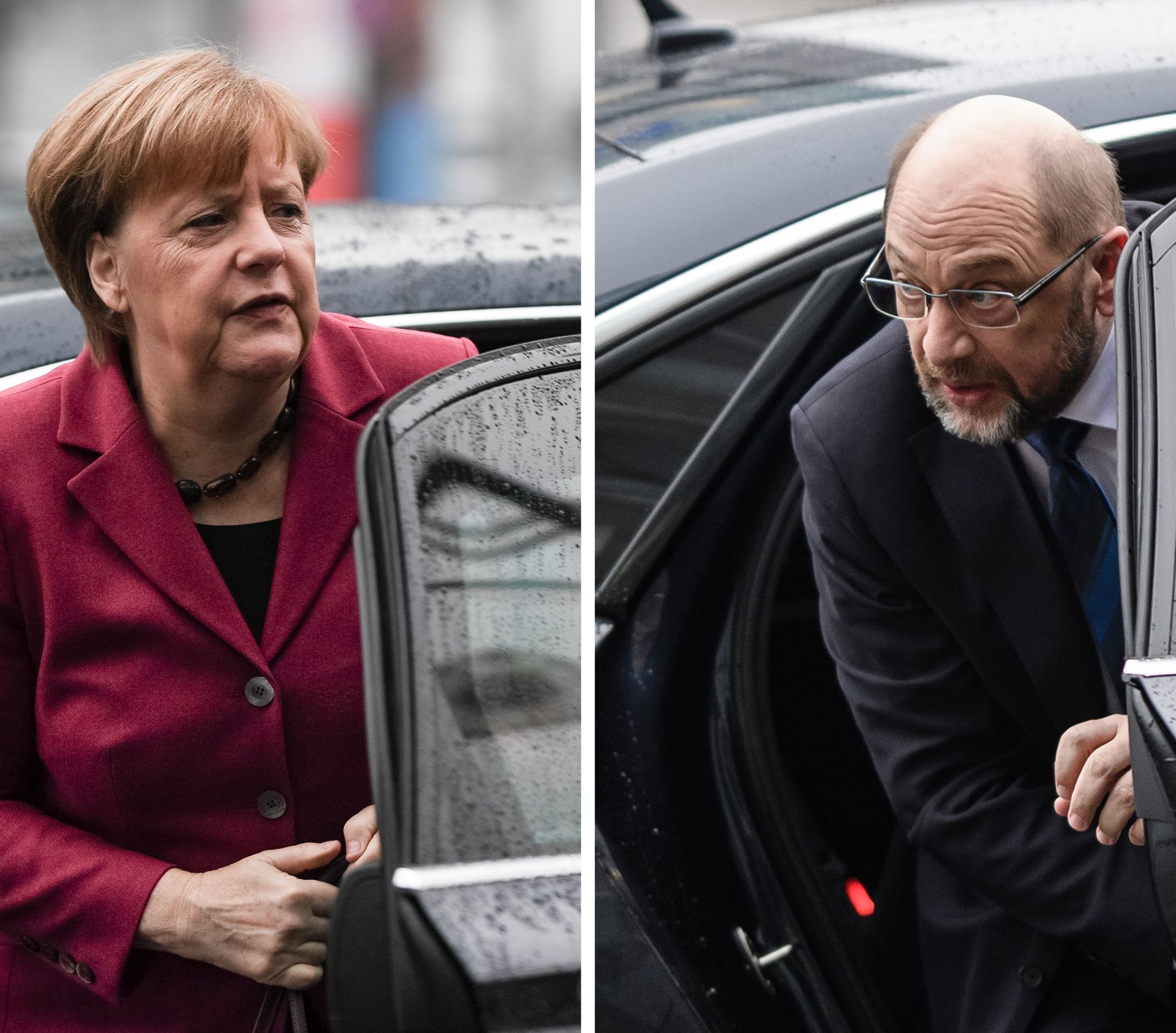 epa06474988 A composite picture shows German Chancellor and Chairwoman of the Christian Democratic Union (CDU), Angela Merkel (L), and the leader of the Social Democratic Party (SPD), Martin Schulz (L), arriving for the start of coalition talks held at the Christian Democrats headquarter, the Konrad-Adenauer-Haus, in Berlin, Germany, 26 January 2018. The leaders of the Social Democratic Party (SPD) and the conservative Christian Democratic Union (CDU) and Christian Social Union (CSU) parties started their talks to form a new German Grand coalition government.  EPA/CLEMENS BILAN