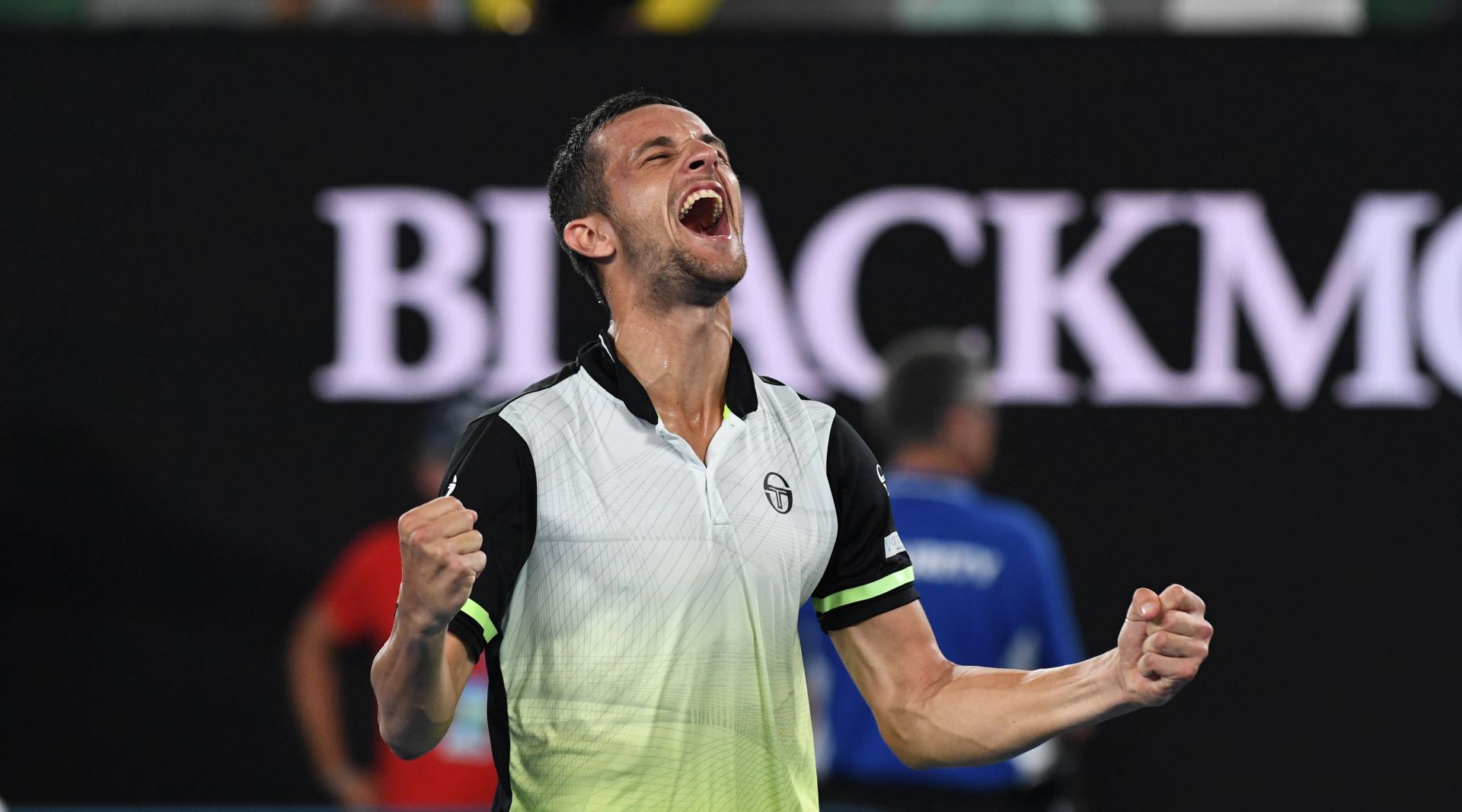 epa06478548 Mate Pavic of Croatia celebrates his win with Oliver Marach of Austria (not pictured) against Juan Sebastian Cabal and Robert Farah of Columbia in the men's doubles final at the Australian Open tennis tournament, in Melbourne, Australia, 27 January 2018.  EPA/LUKAS COCH AUSTRALIA AND NEW ZEALAND OUT