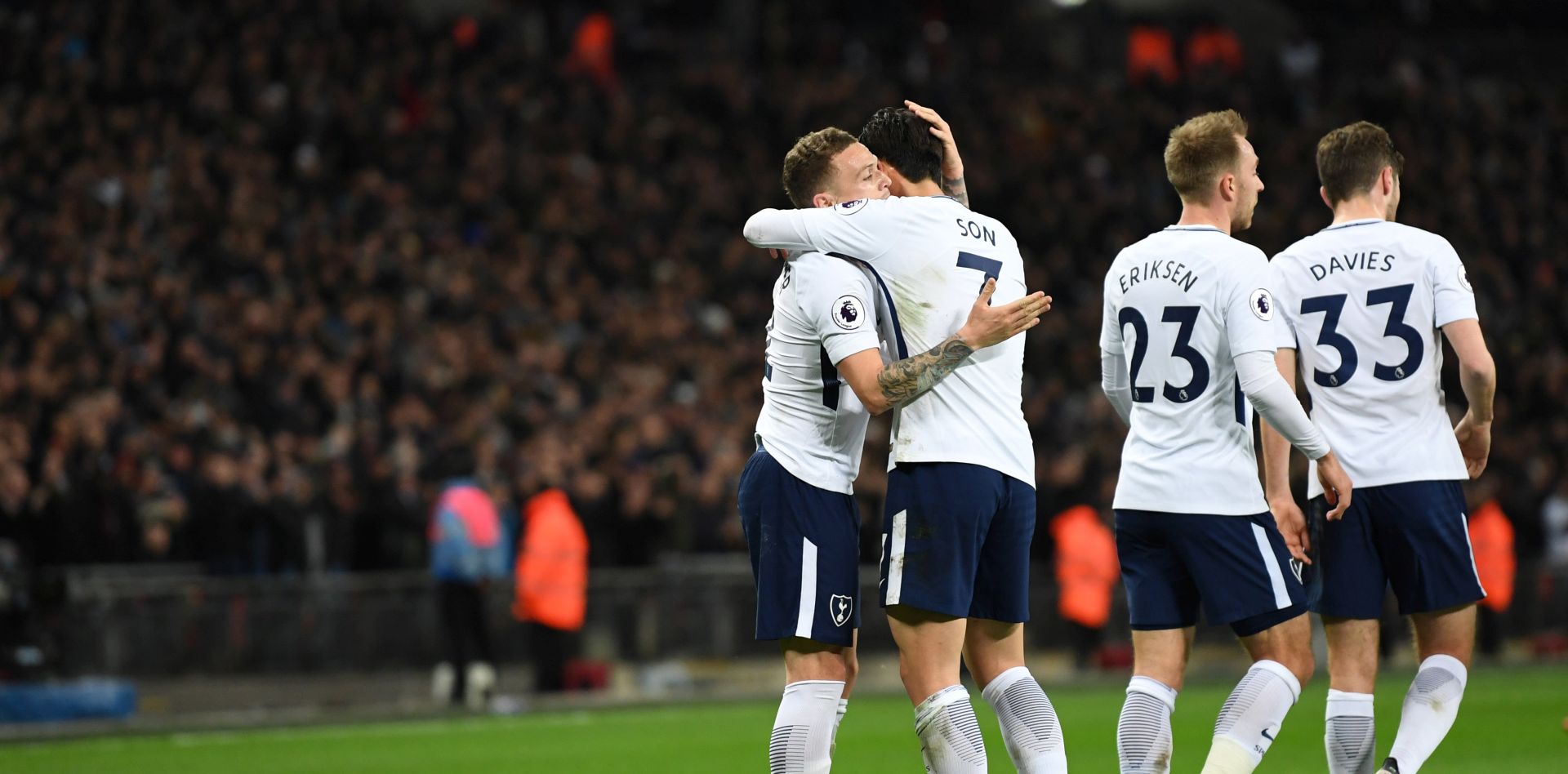 epa06488739 Tottenham Hotspur's players celebrate Manchester United scoring an own goal during the English Premier League soccer match between Tottenham Hotspur and Manchester United at Wembley Stadium, London, Britain, 31 January 2018.  EPA/NEIL HALL EDITORIAL USE ONLY. No use with unauthorized audio, video, data, fixture lists, club/league logos or 'live' services. Online in-match use limited to 75 images, no video emulation. No use in betting, games or single club/league/player publications