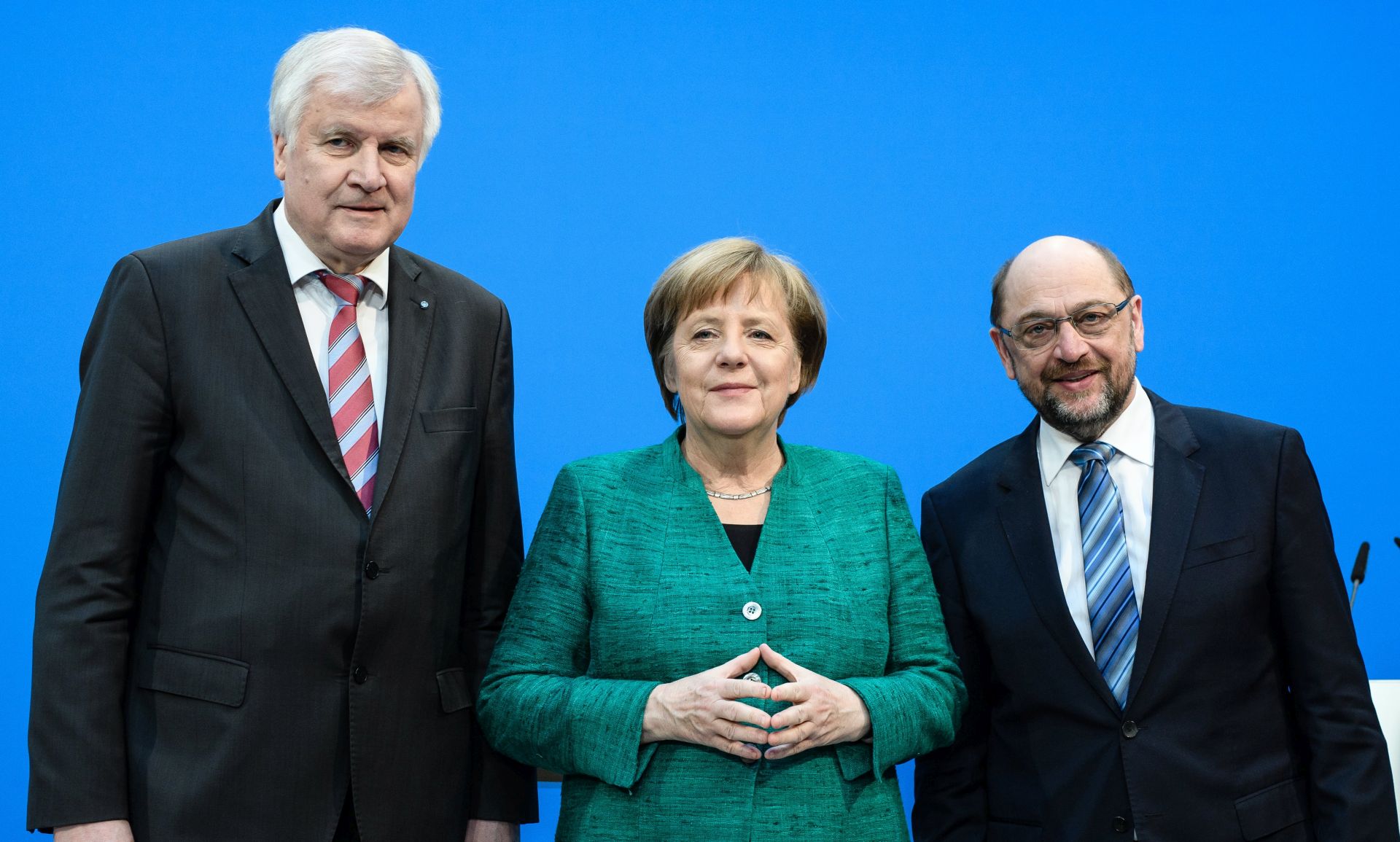 epa06502975 (L-R) Minister President of Bavaria Horst Seehofer of the Christian Social Union (CSU), German Chancellor Angela Merkel of the Christian Democratic Union (CDU) and Leader of the Social Democratic Party (SPD) Martin Schulz during a press statement following coalition talks held at the CDU headquarters Konrad-Adenauer-Haus, in Berlin, Germany, 07 February 2018. German media reports on 07 February 2018 state Horst Seehofer may according to unconfirmed reports become the new German interior minister, a position that may be expanded to include homeland affairs and construction. Martin Schulz, who is also the former president of the European Parliament, may according to unconfirmed reports become the new German foreign minister, replacing current foreign minister Sigmar Gabriel. The three German parties, conservative CDU, CSU and social democratic SPD have been conducting coalition talks to form a new government, four months after the general election in September 2017.  EPA/CLEMENS BILAN