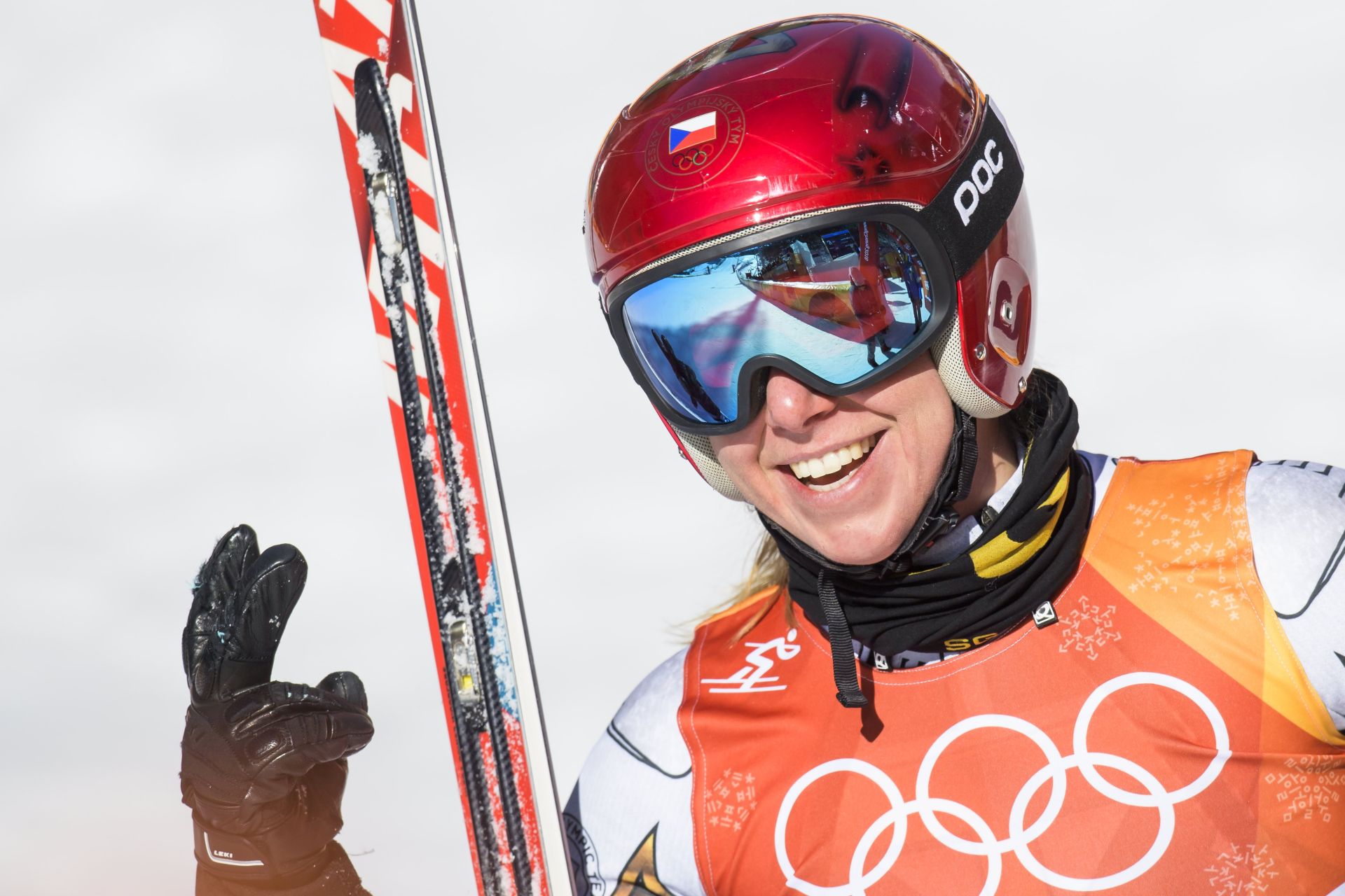 epa06535122 Ester Ledecka of Czech Republic reacts in the finish area during the Women's Super-G race at the Jeongseon Alpine Centre during the PyeongChang 2018 Olympic Games, South Korea, 17 February 2018.  EPA/JEAN-CHRISTOPHE BOTT