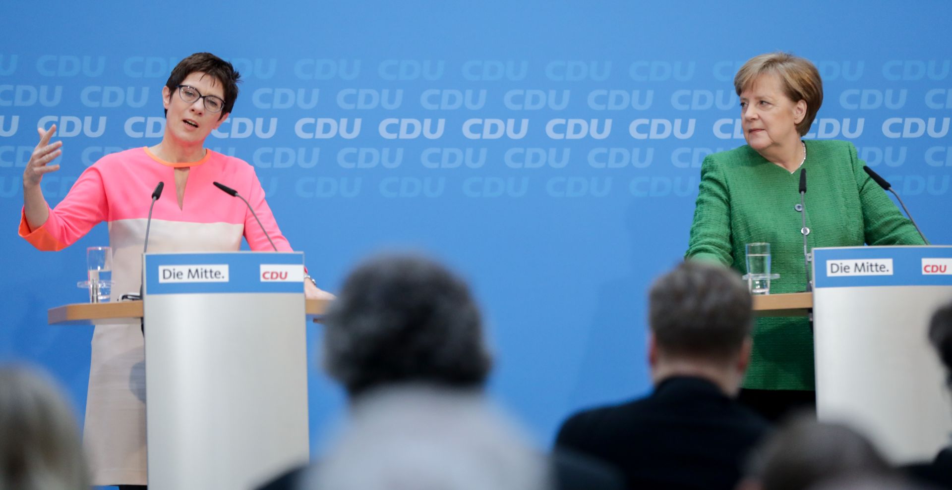German chancellor and Chairwoman of the Christian Democratic Union, Angela Merkel (R) and Annegret Kramp-Karrenbauer, premiere of Saarland hold a joint press conference 

following a committee meeting of their party at the Konrad Adenauer House in Berlin, Germany, 19 February 2018.

Merkel has recommended Annegret Kramp-Karrenbauer to succeed the retiring CDU general secretary Peter Tauber. Photo: Kay Nietfeld/dpa