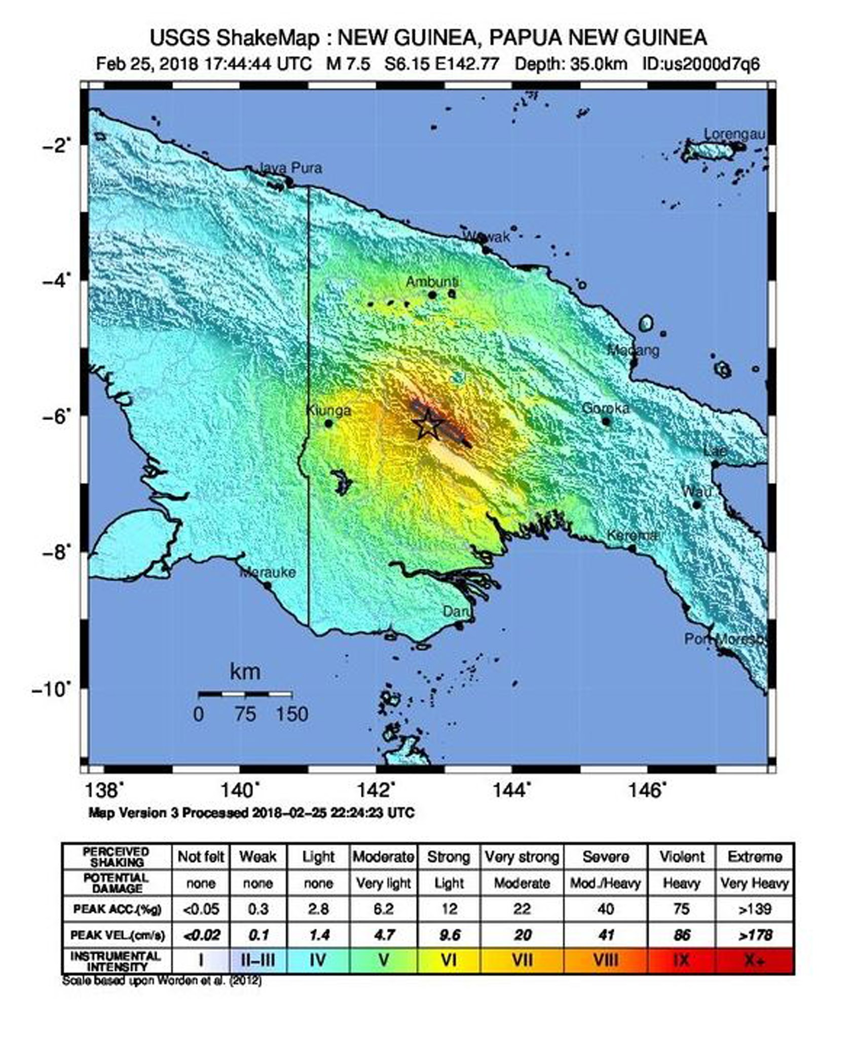 epa06567667 A handout photo made available by the United States Geological Survey on 26 February 2018 shows the location of a 7.5 earthquake that occured at 3:45 pm local time, at a depth of 35 km, 96 km from the city of Mendi, Papua New Guinea, 26 February 2018 (issued 27 February 2018). According to media reports, at least 14 people were killed by landslides and collapsed buildings triggered by the earthquake. Unconfirmed reports from local authorities state that the death toll could surpass 30 people. A natural gas plant managed by ExxonMobil Corp. was forced to cease operations, and mining projects in the affected area were disrupted.  EPA/USGS / HANDOUT  HANDOUT EDITORIAL USE ONLY/NO SALES