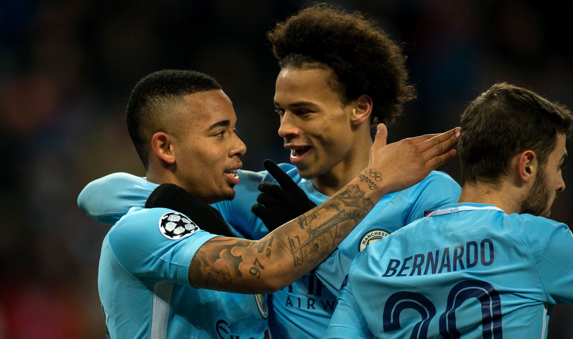 epa06587642 Gabriel Jesus (L) of Manchester City celebrates with teammates scoring during the UEFA Champions League round of 16 second leg soccer match between Manchester City and Basel FC in Manchester, Britain, 07 March 2018.  EPA/Peter Powell