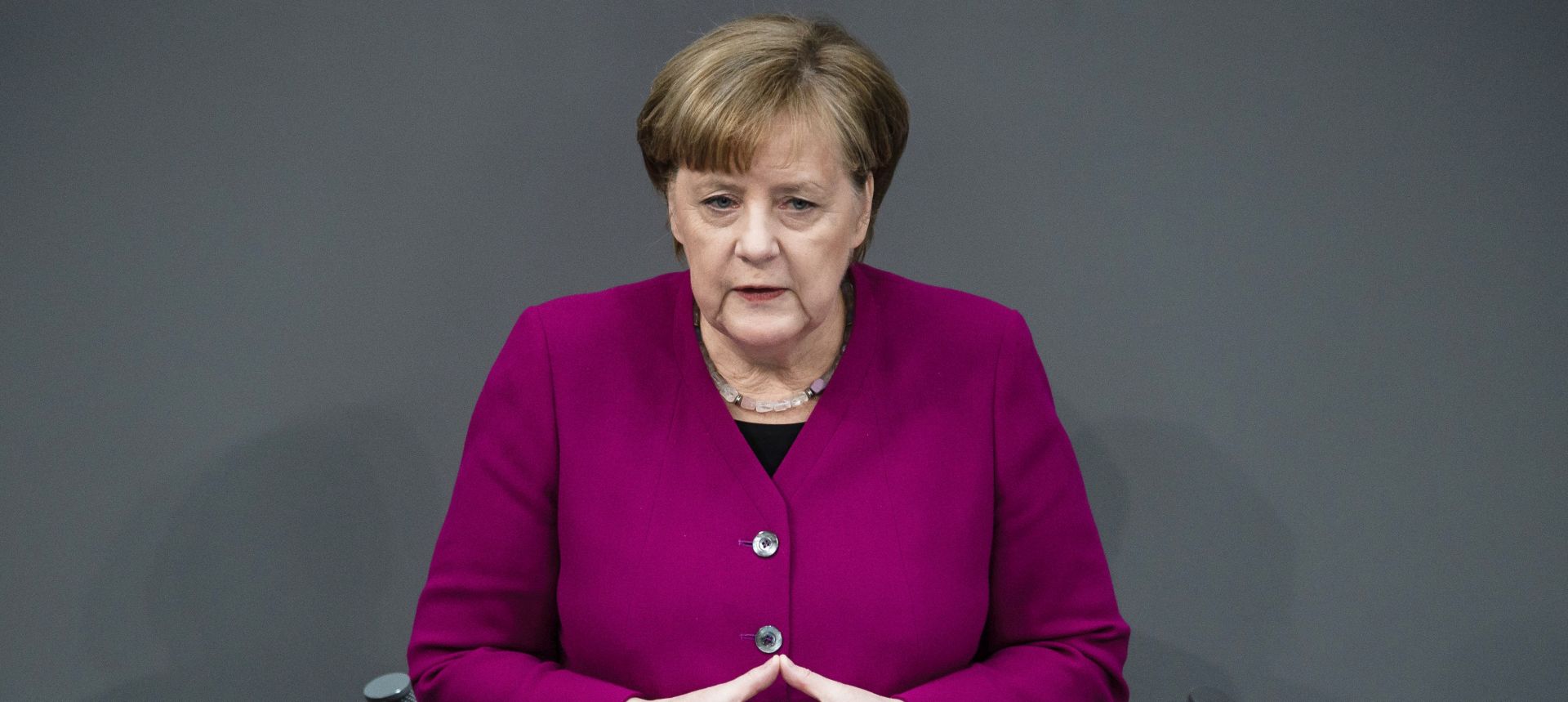epa06617474 German Chancellor Angela Merkel delivers a speech to the German Bundestag in Berlin, Germany, 21 March 2018. Merkel, in her government declaration, spoke about the upcoming new German government's work.  EPA/CLEMENS BILAN