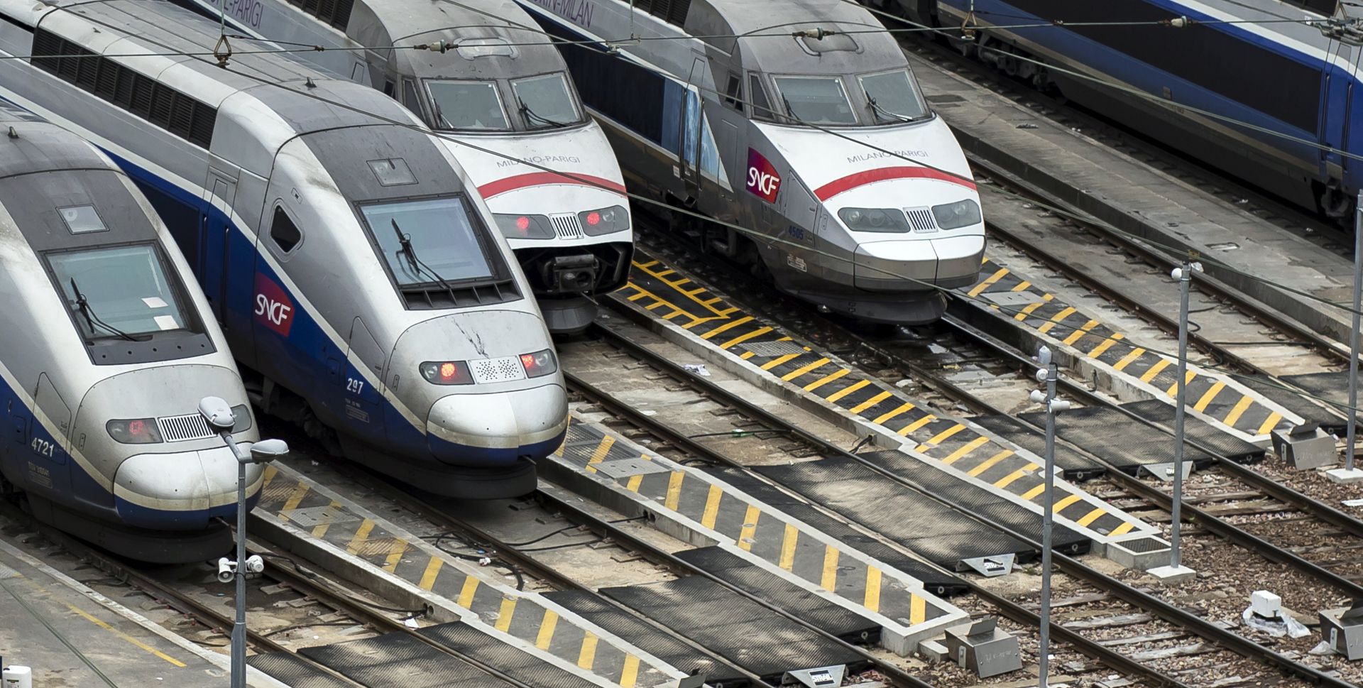 epa06619829 French TGV trains sit in the train depot of France's national rail network SNCF in Charenton-le-pont, during a nation-wide strike day affecting public transport, namely SNCF train travel, outside Paris, France, 22 March 2018. A national strike day was called by public sector workers and labor unions to defend labor rights and pensions.  EPA/IAN LANGSDON