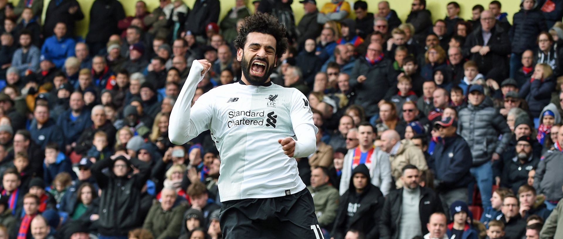 epa06638663 Liverpool's Mohamed Salah celebrates scoring their second and winning goal against Crystal Palace during their Premier League match at Selhurst Park, London, Britain, 31 April 2018.  EPA/Gerry Penny EDITORIAL USE ONLY. No use with unauthorized audio, video, data, fixture lists, club/league logos or 'live' services. Online in-match use limited to 75 images, no video emulation. No use in betting, games or single club/league/player publications