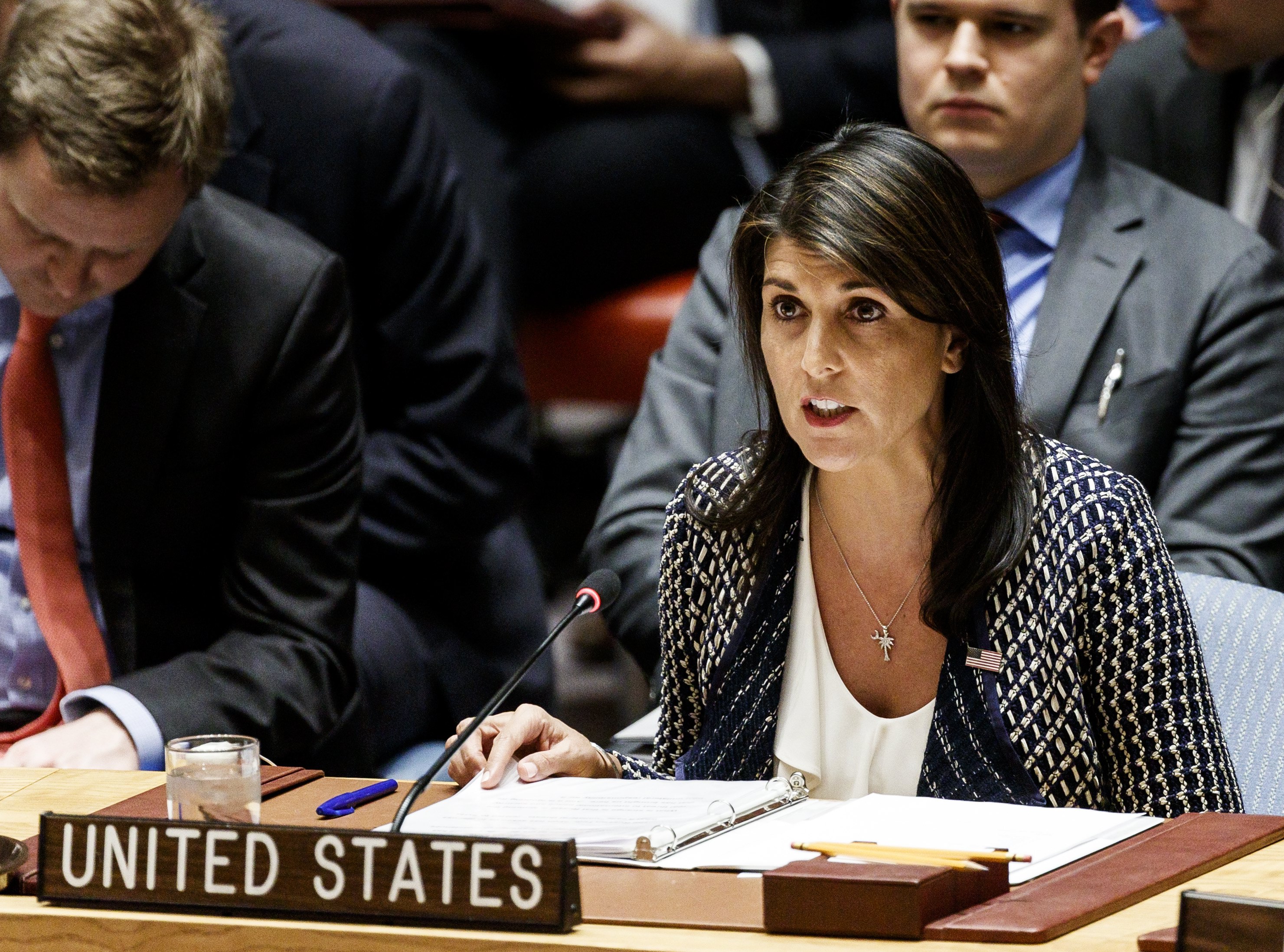 epa06666954 Nikki Haley, the United States Permanent Representative to the United Nations, addresses an United Nations Security Council meeting called by Russia in response to the escalating situation in Syria following suspected chemical weapons attack at United Nations headquarters in New York, New York, USA, 13 April 2018. The suspected chemical attack took place last weekend in the Damascus suburb of Douma, killing at least 49 people.  EPA/JUSTIN LANE