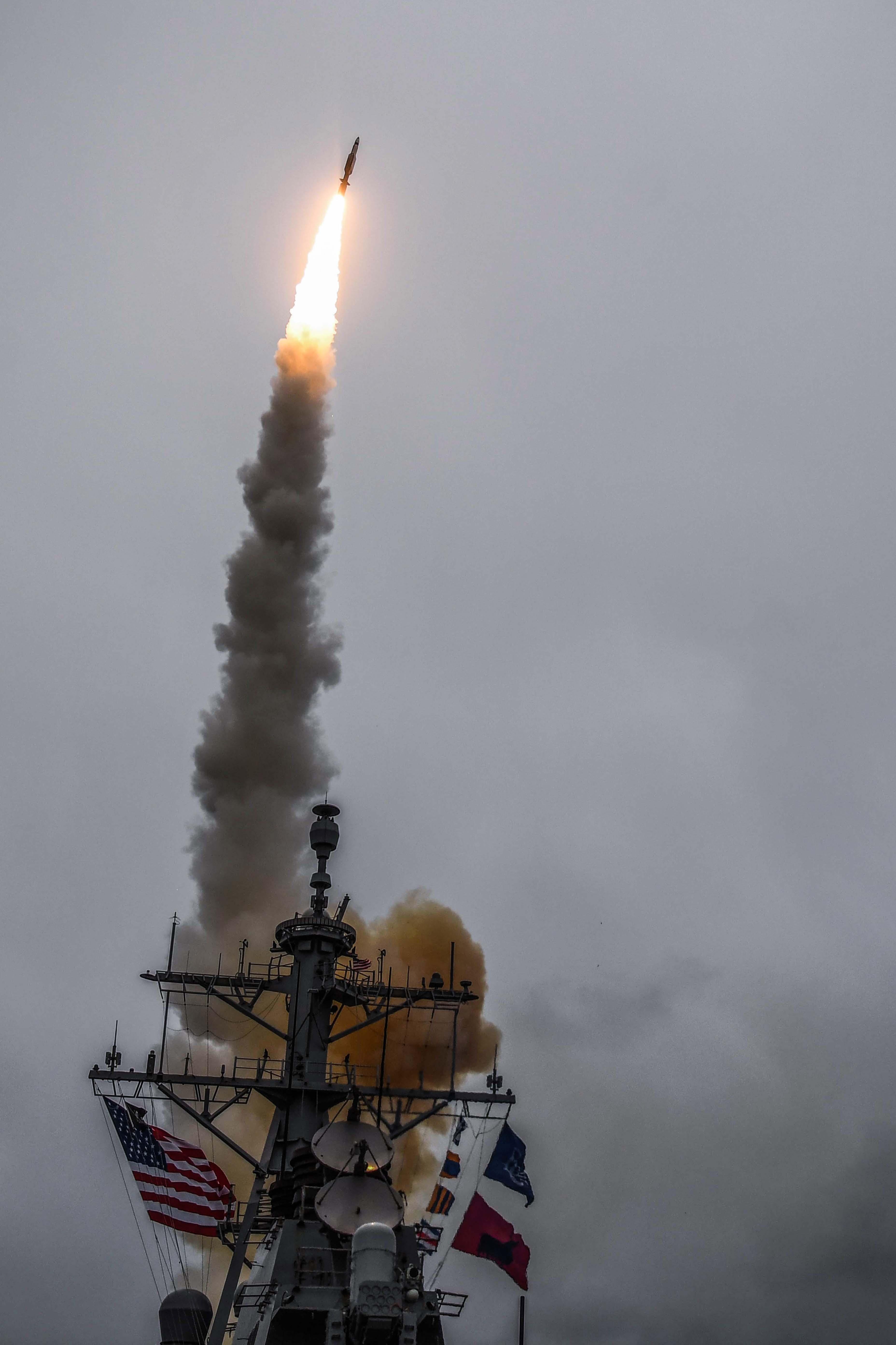 epa06667922 (FILE) - A handout photo file made available by the US Navy on 14 April 2018, shows the Arleigh Burke-class guided-missile destroyer USS Donald Cook (DDG 75) firing a standard missile 3 during an exercise at sea, in the Atlantic Ocean, 15 October 2017. Accordning to media reports on 14 April 2018, the militaries of the US, Britain and France launched airstrikes targeting three sites allegedly related to the Syrian government's chemical weapon capabilities. The strikes come in the wake of an alleged chemical weapons attack in Douma on 07 April. Additional media reports state that the USS Donald Cook, as well as US Air Force B-1B Lancer bombers participated in the missile strikes.  EPA/US NAVY/MC1 THERON J. GODBOLD HANDOUT  HANDOUT EDITORIAL USE ONLY/NO SALES