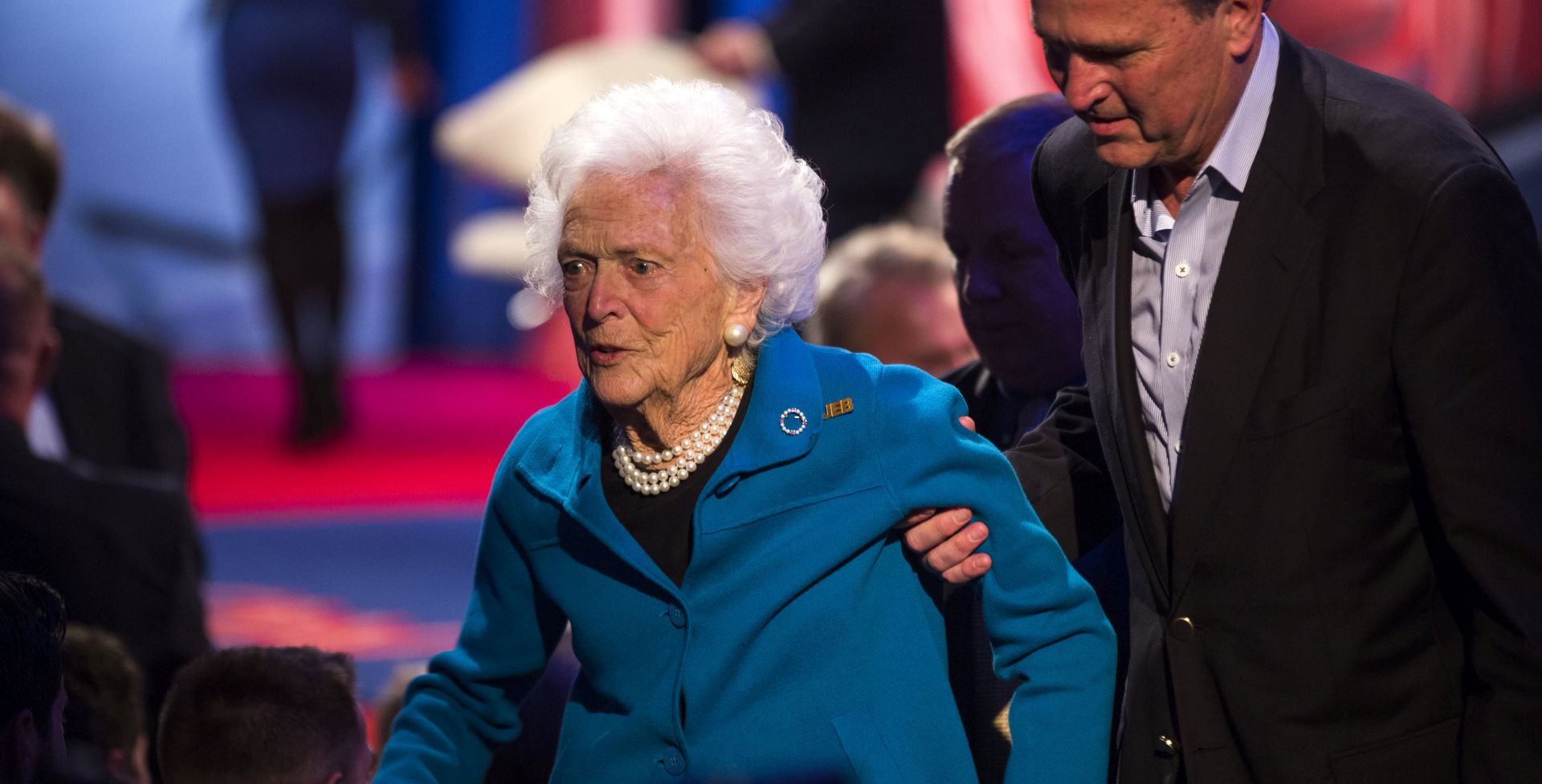 epa06675887 (FILE) Former First Lady Barbara Bush exits a CNN Town Hall after her son, Republican presidential candidate Jeb Bush (not pictured), spoke in Columbia, South Carolina, USA, 18 February 2016 (reissued 18 April 2018). Barbara Bush has died at the age of 92 on 17 April 2018, shortly after it was announced that she was no longer seeking further medical treatment for her conditions and would instead receive 'comfort care'. She was suffering from congestive heart failure and Chronic Obstructive Pulmonary Disease (COPD).  EPA/JIM LO SCALZO