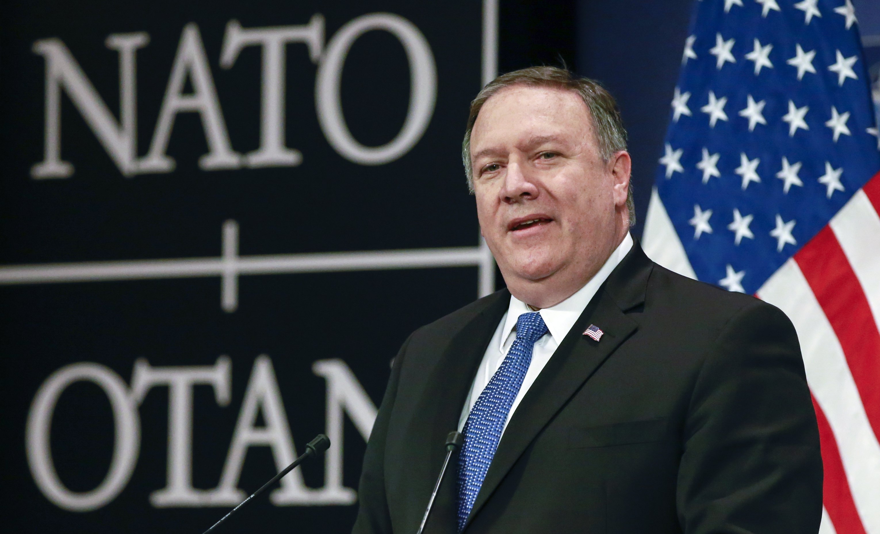 epa06697368 US Secretary of State Mike Pompeo holds a press conference at the end of the NATO Foreign Ministers council at NATO (North Atlantic Treaty Organization) headquarters in Brussels, Belgium, 27 April 2018. Pompeo took over as USA's top diplomat on 26 April, after being confirmed by the Senate and participated in his first NATO foreign ministers meeting on 27 April.  EPA/OLIVIER HOSLET