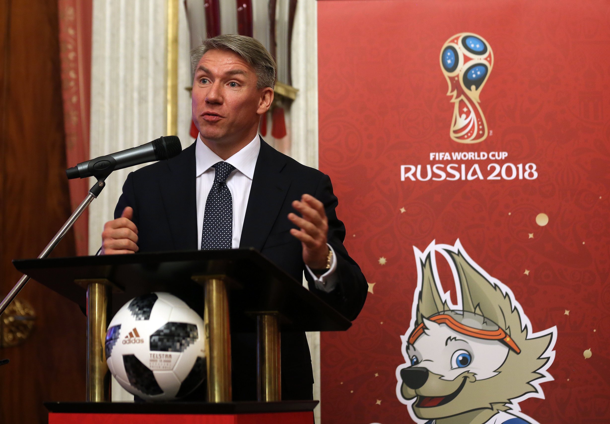 epa06662329 The CEO of the Local Organising Committee for the FIFA World Cup Russia 2018, Alexey Sorokin, speaks during the presentation of the current state of the tournament preparations in the Embassy of the Russian Federation in Berlin, Germany, 11 April 2018. Russia will host the 21st FIFA World Cup, running from the 14 June to 15 July 2018.  EPA/FELIPE TRUEBA