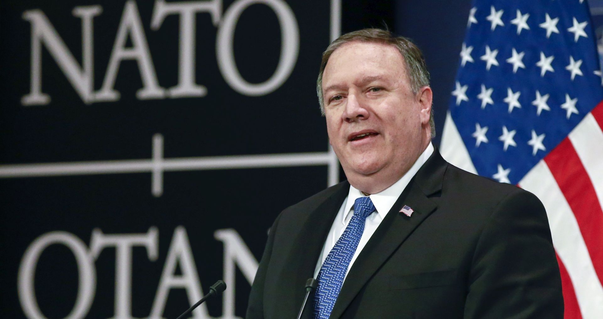 epa06697368 US Secretary of State Mike Pompeo holds a press conference at the end of the NATO Foreign Ministers council at NATO (North Atlantic Treaty Organization) headquarters in Brussels, Belgium, 27 April 2018. Pompeo took over as USA's top diplomat on 26 April, after being confirmed by the Senate and participated in his first NATO foreign ministers meeting on 27 April.  EPA/OLIVIER HOSLET