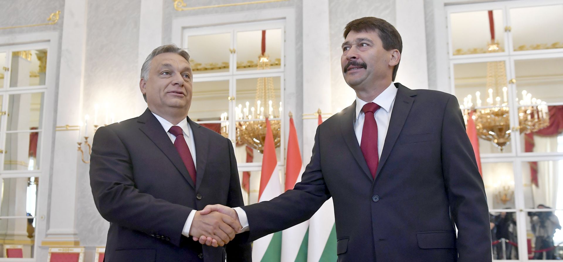 epa06716202 Hungarian President Janos Ader (R) receives acting Prime Minister and prime minister candidate of the Fidesz Party Viktor Orban in the presidential Alexander Palace in Budapest, Hungary, 07 May 2018, a day before the inauguration of Orban's new cabinet. The forming session of the new Hungarian government will be held on 08 May. Governing Fidesz party, in coalition with the Christian Democratic People's Party, won a landslide victory in the general elections completed on 08 April.  EPA/TIBOR ILLYES HUNGARY OUT
