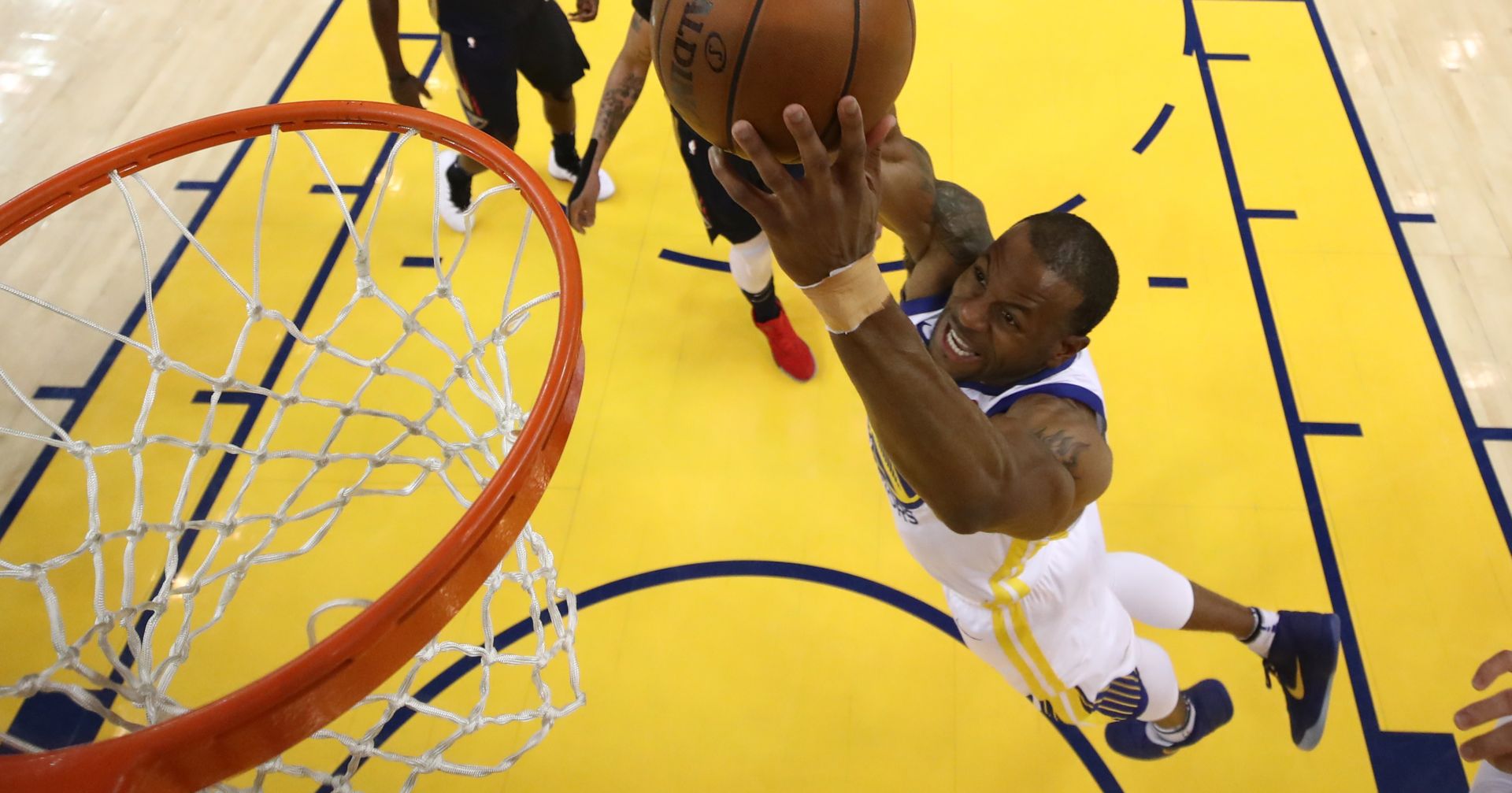 epa06720783 Golden State Warriors forward Andre Iguodala (C) dunks the ball against the New Orleans Pelicans during the first half of the NBA Western Conference Semifinals Playoffs basketball game five at Oracle Arena in Oakland, California, USA, 08 May 2018.  EPA/EZRA SHAW / POOL  SHUTTERSTOCK OUT