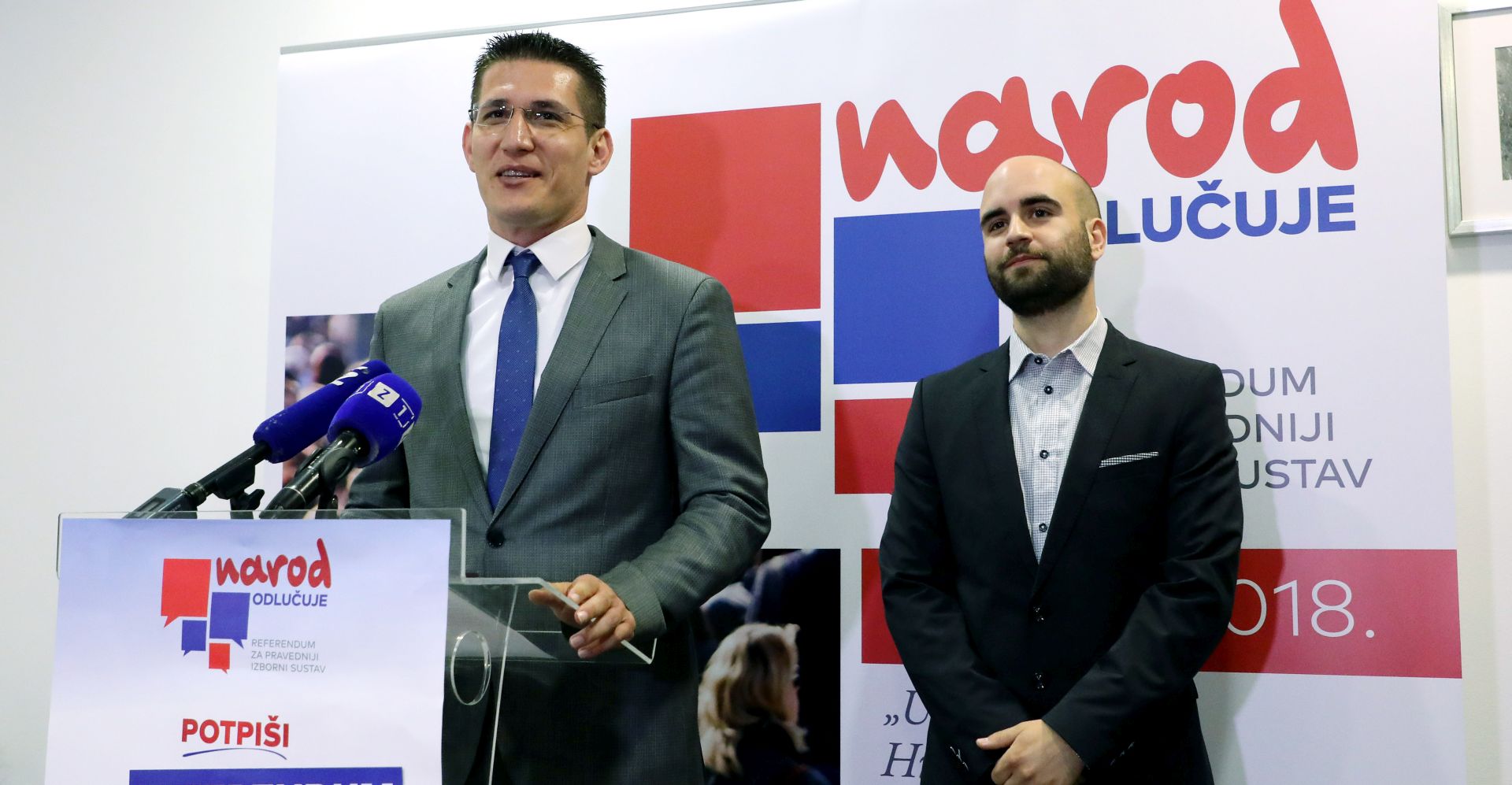 Zagreb, 16.05.2018. - Konferencija za medije graðanske inicijative Narod odluèuje. Na fotografiji Zvonimir Troskot, Luka Mlinariæ. foto HINA/ Lana SLIVAR DOMINIÆ/ lsd